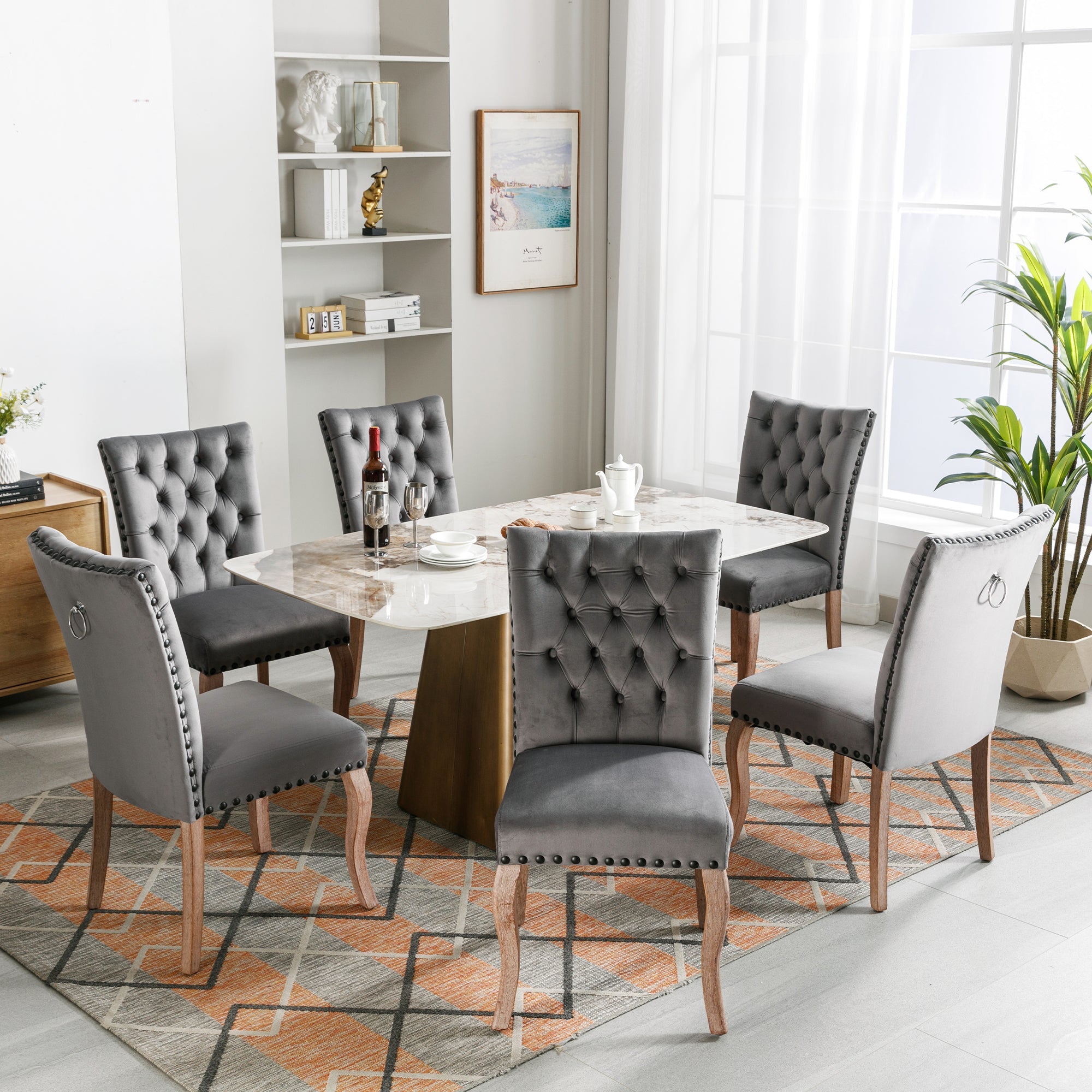 Dining Room Chair (set of 6), Upholstered with Nailhead Trim, Velvet Grey