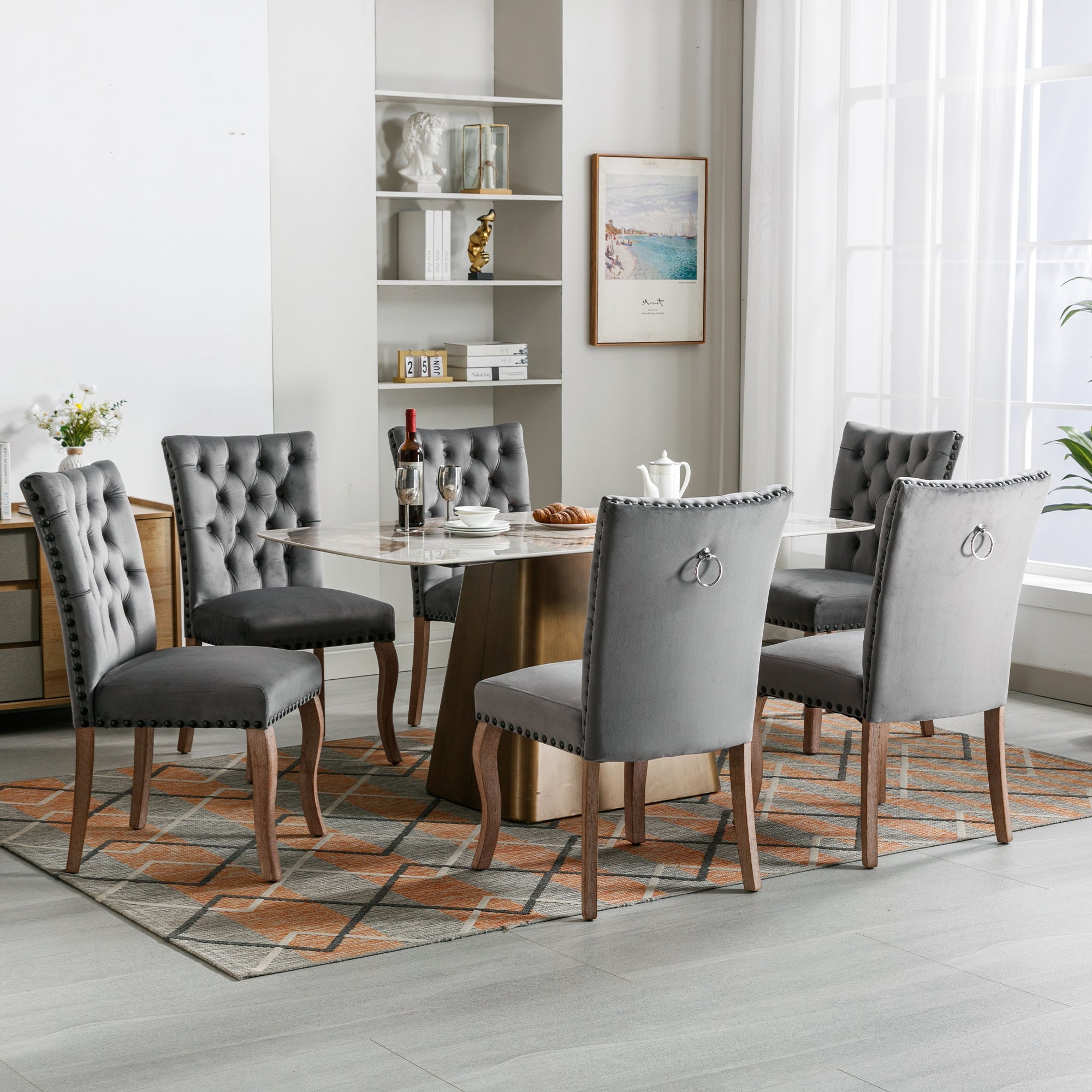 Dining Room Chair (set of 6), Upholstered with Nailhead Trim, Velvet Grey
