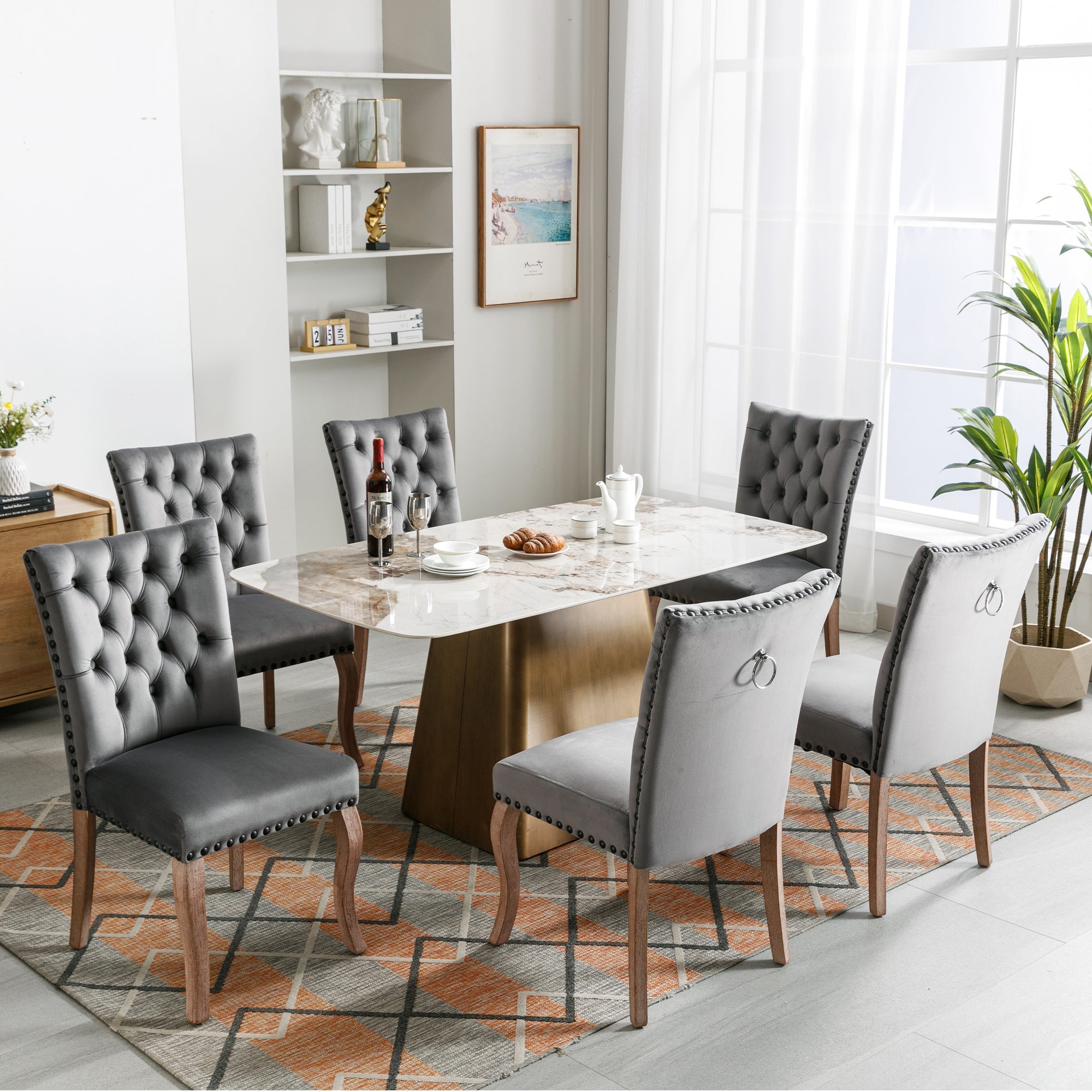 Dining Room Chair (set of 6), Upholstered with Nailhead Trim, Velvet Grey