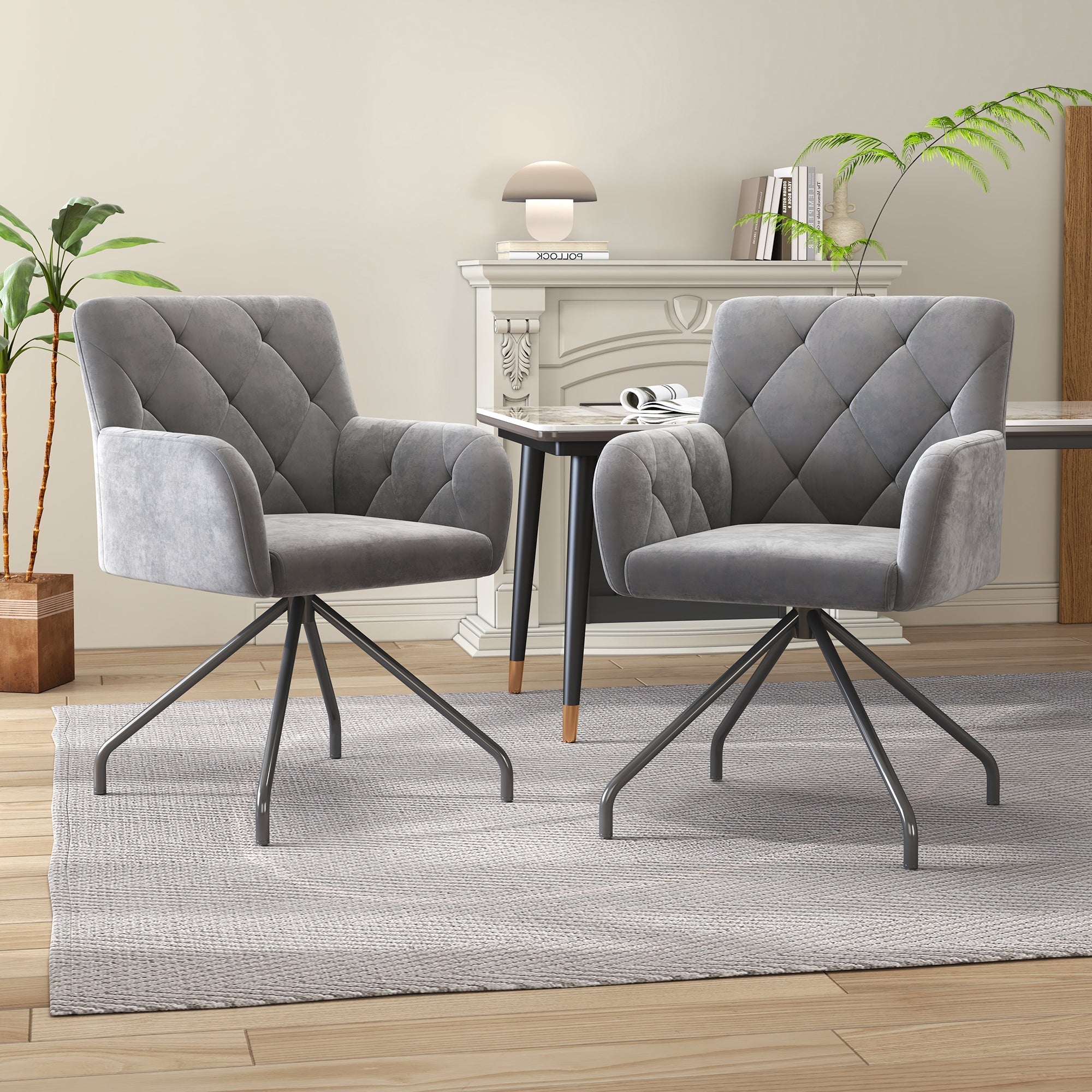 Dining Chairs Set of 4 with Diamond Pattern and Lumbar Support, Light Grey Velvet