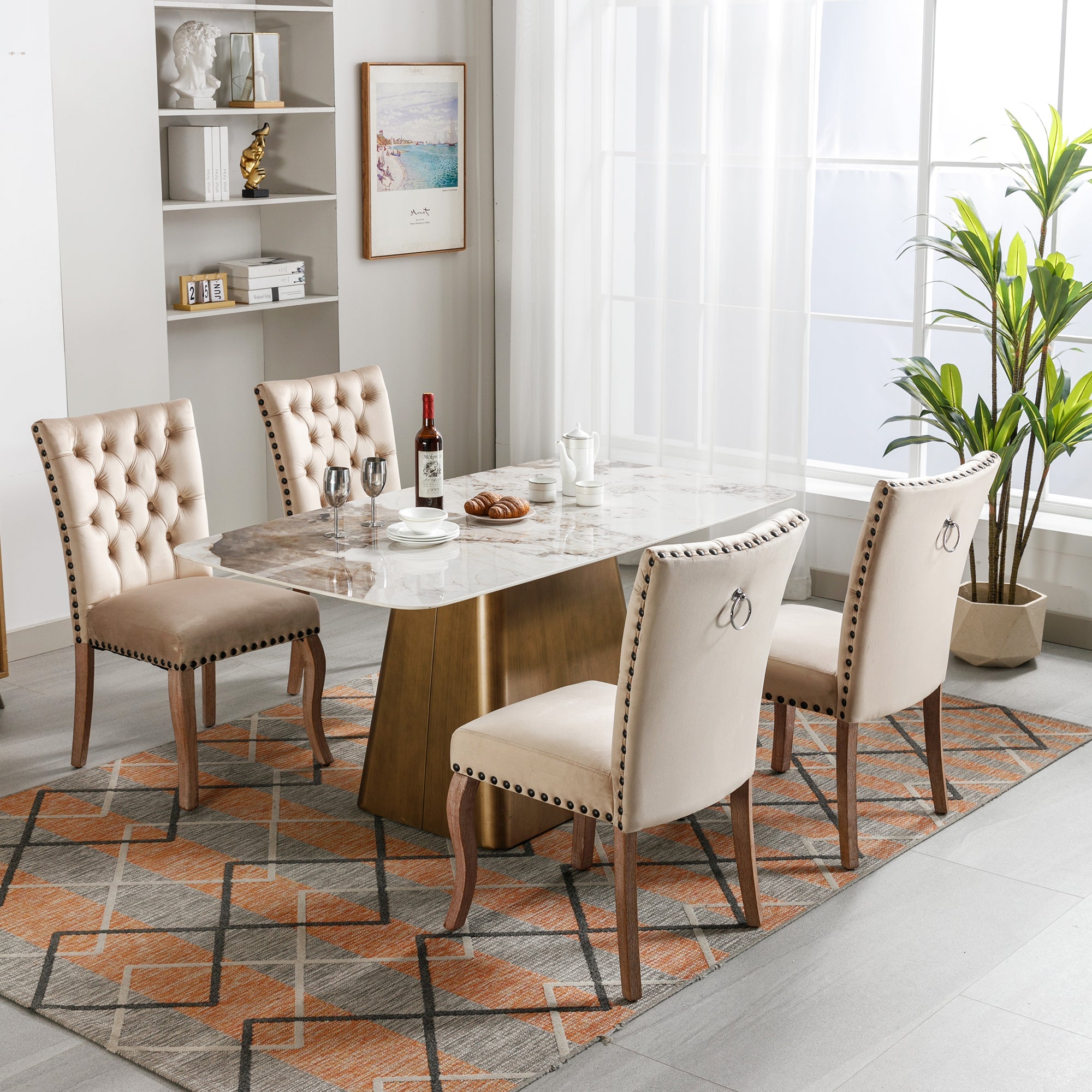 Dining Chair Set (4 Pcs) Upholstered Door Knocker Back Nailhead Trim, Light Camel Velvet