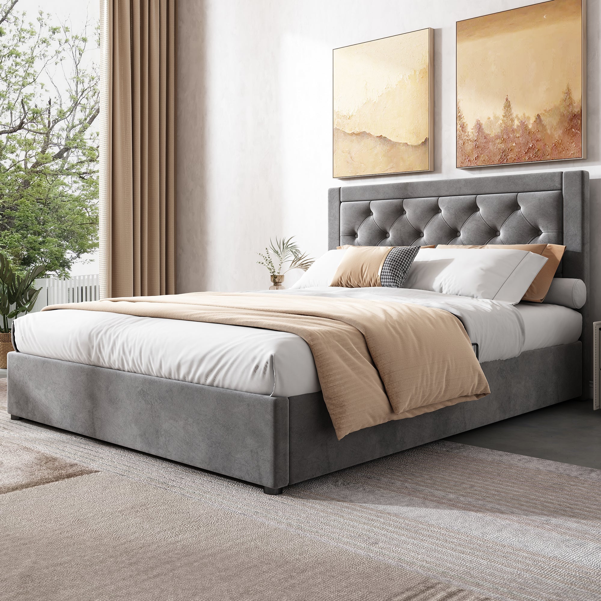 Upholstered Storage Bed with Chesterfield Headboard and Drawers, 140x200cm, Grey Velvet