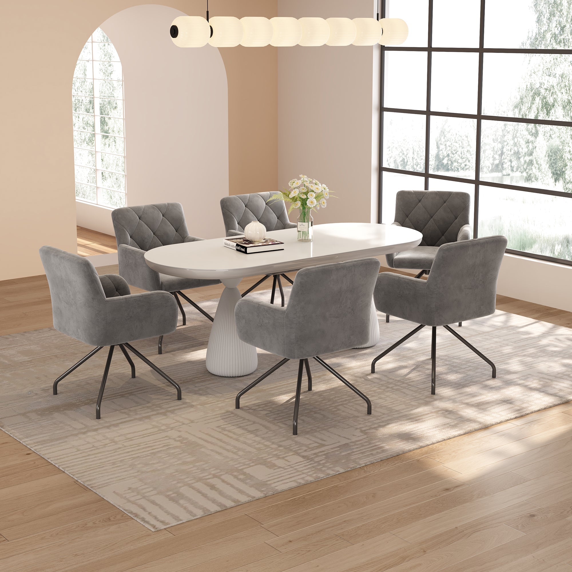 Set of 2 Dining Chairs with Diamond Pattern and Lumbar Support, Light Grey Velvet
