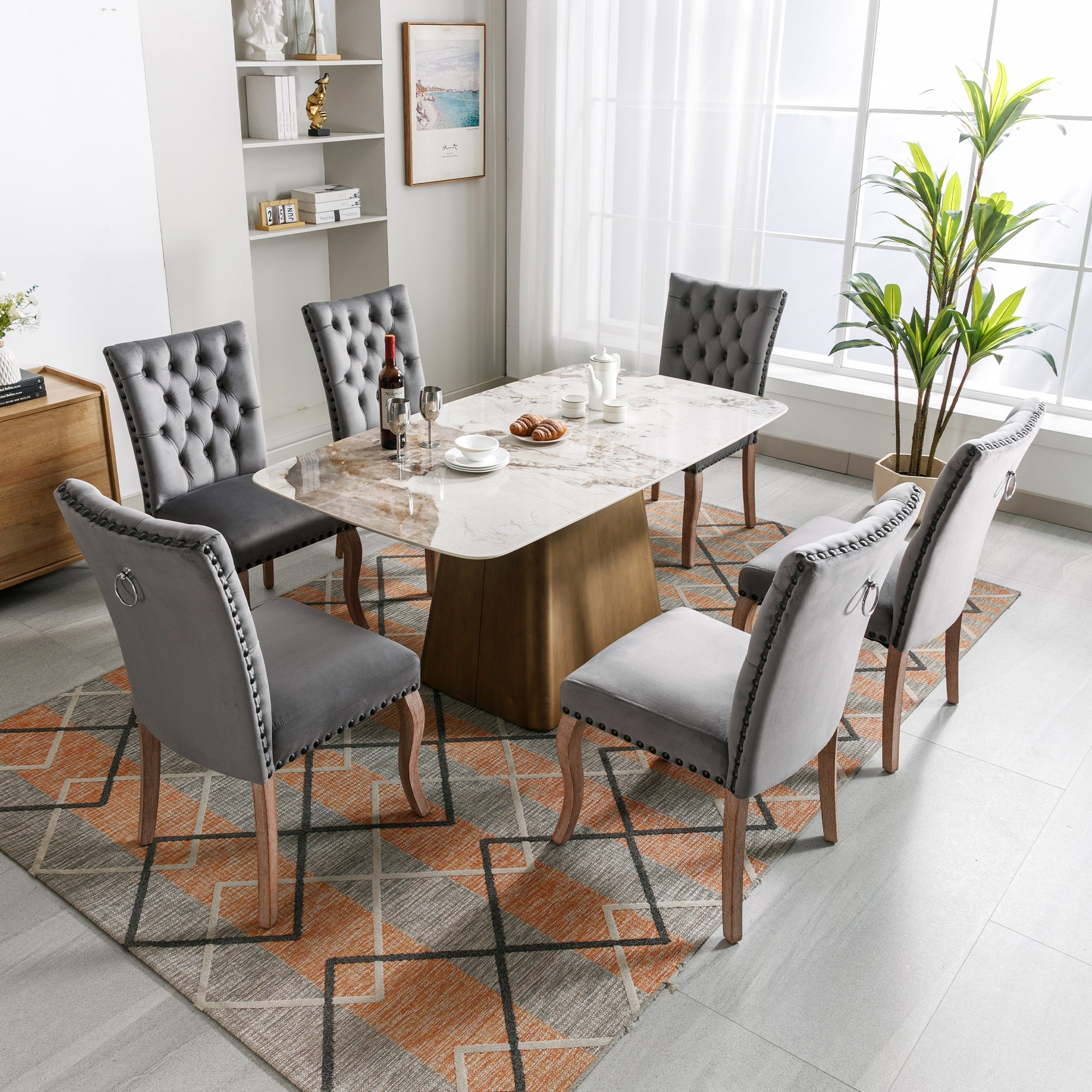 Dining Room Chair (set of 6), Upholstered with Nailhead Trim, Velvet Grey