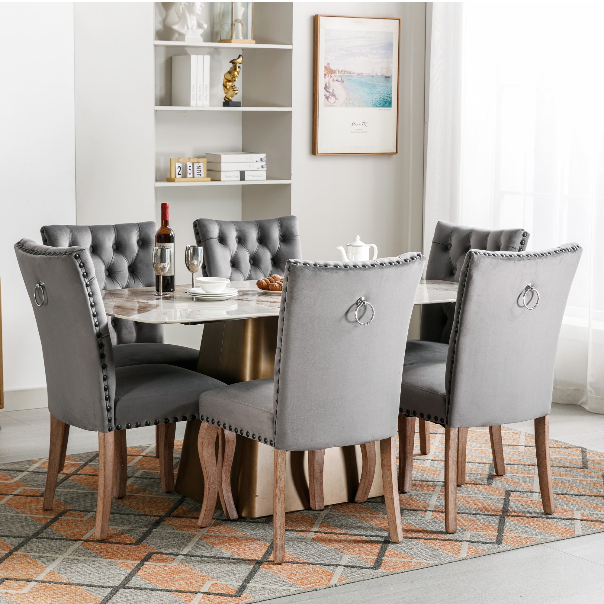 Dining Room Chair (set of 6), Upholstered with Nailhead Trim, Velvet Grey