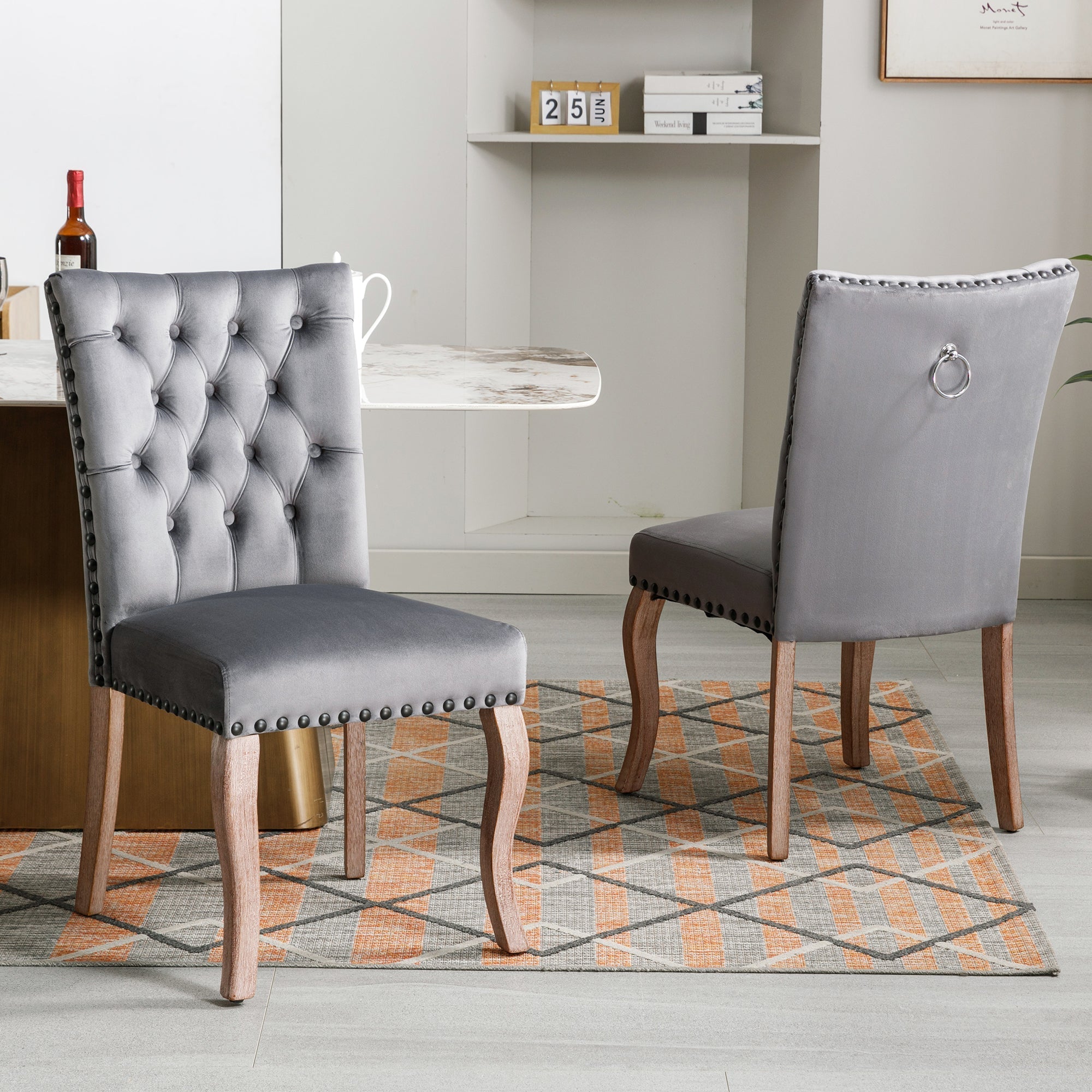 Dining Chairs (Set of 2) Upholstered Door Knocker Back Solid Wood Legs Grey Velvet
