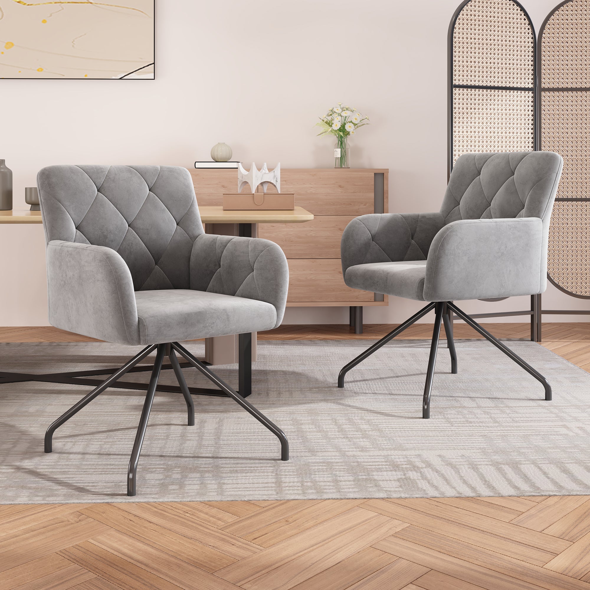 Dining Chairs Set of 4 with Diamond Pattern and Lumbar Support, Light Grey Velvet