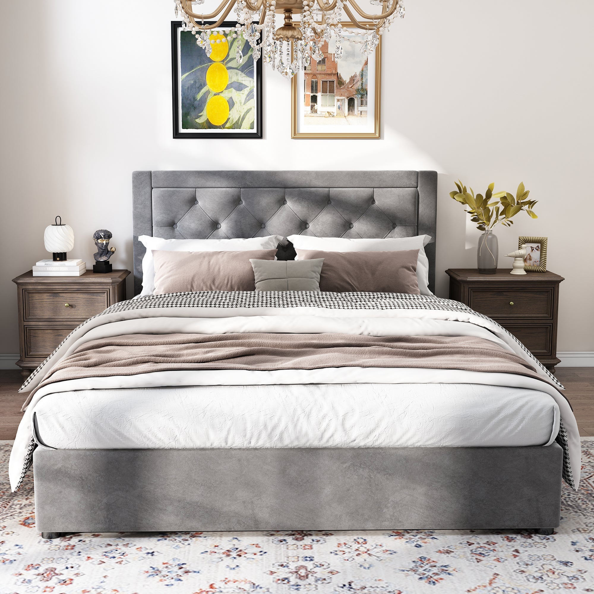 Upholstered Storage Bed with Chesterfield Headboard and Drawers, 140x200cm, Grey Velvet