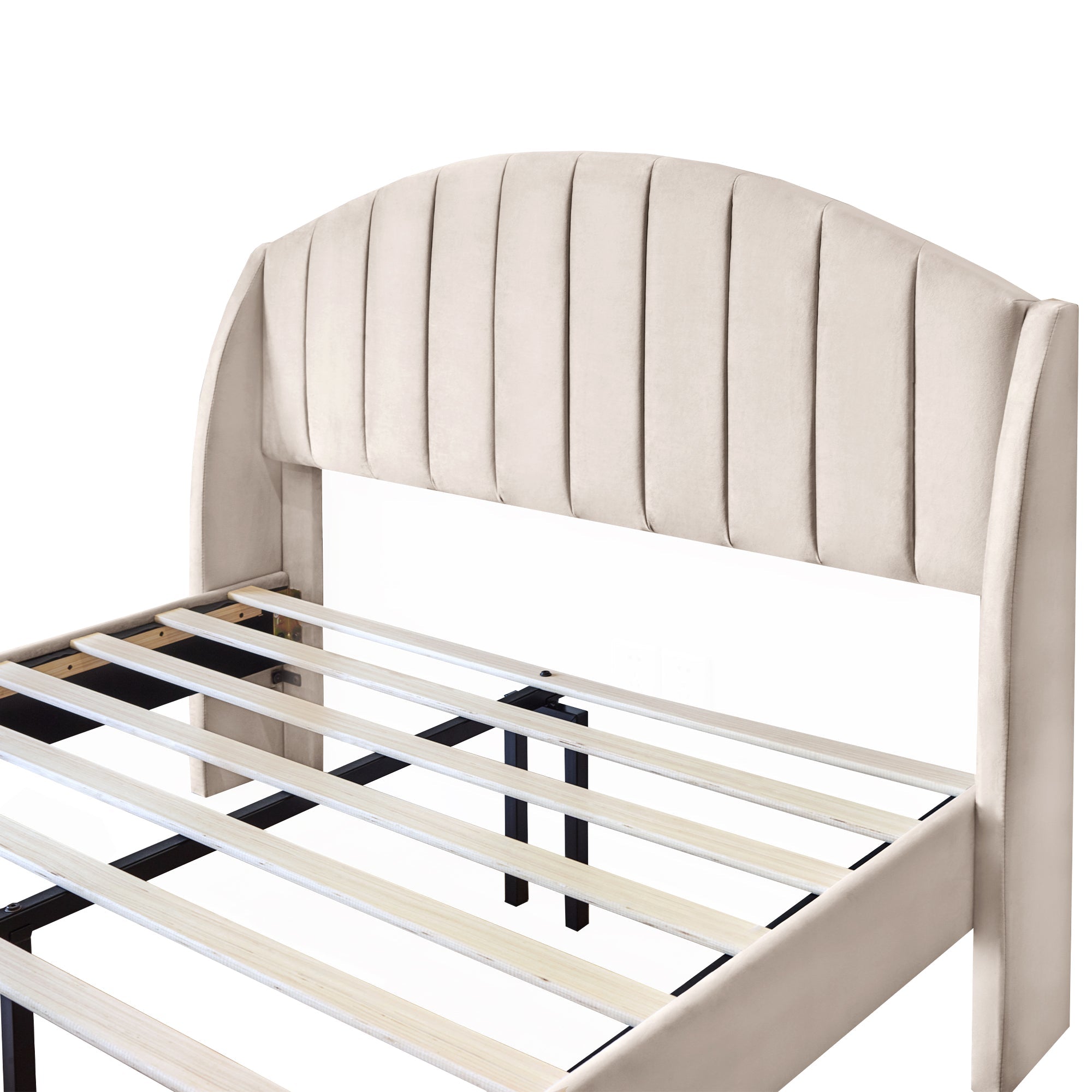 Upholstered Bed 140x200 Slatted Base Headboard - Velvet Beige
