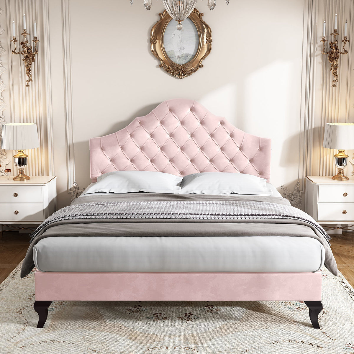 Upholstered Bed 140x200cm Adjustable Headboard Slatted Base - Velvet Pink