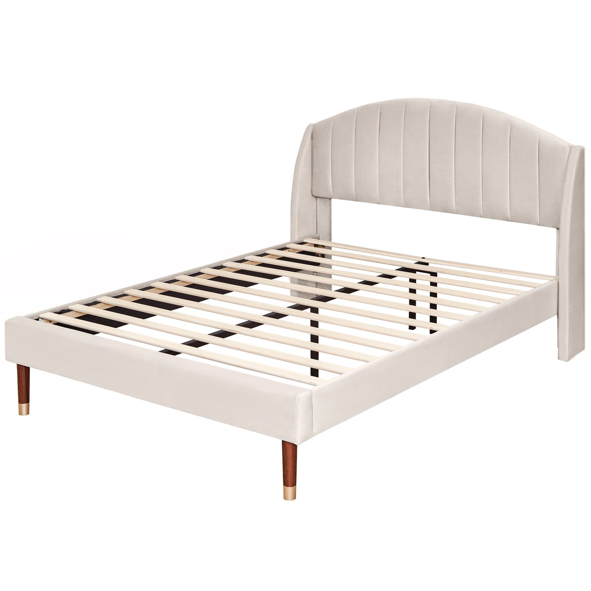 Upholstered Bed 140x200 Slatted Base Headboard - Velvet Beige