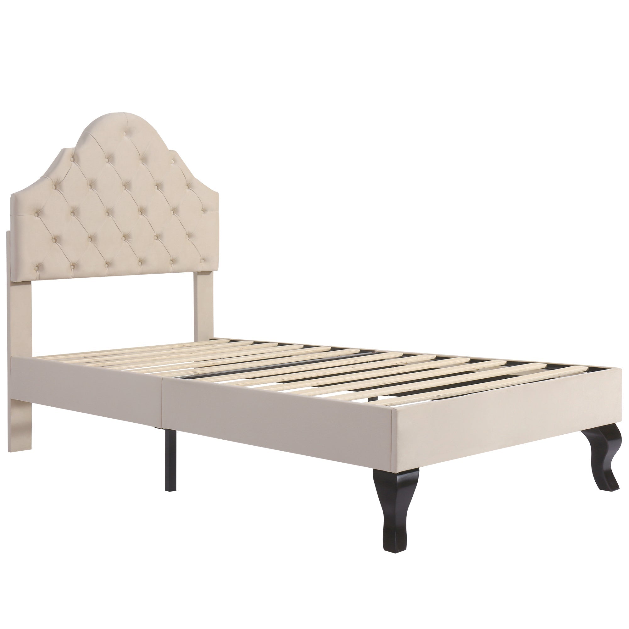 Upholstered Single Bed 90x200cm Adjustable Headboard Slatted Frame - Velvet Beige