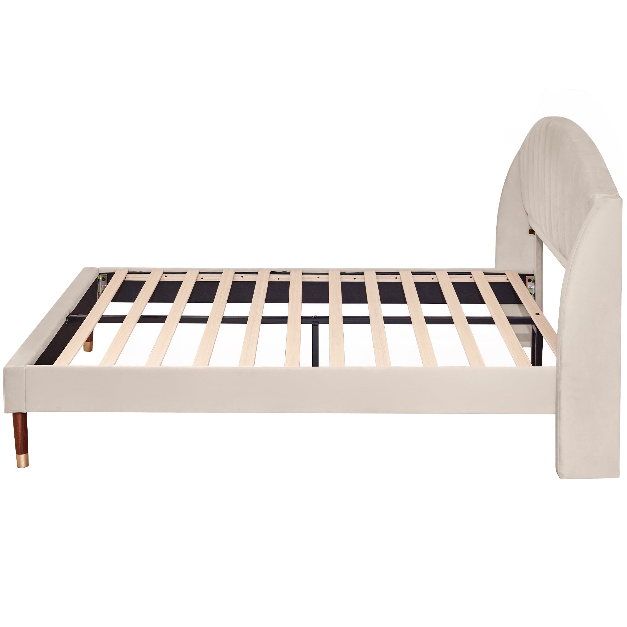 Upholstered Velvet Bed with Padded Headboard, Beige