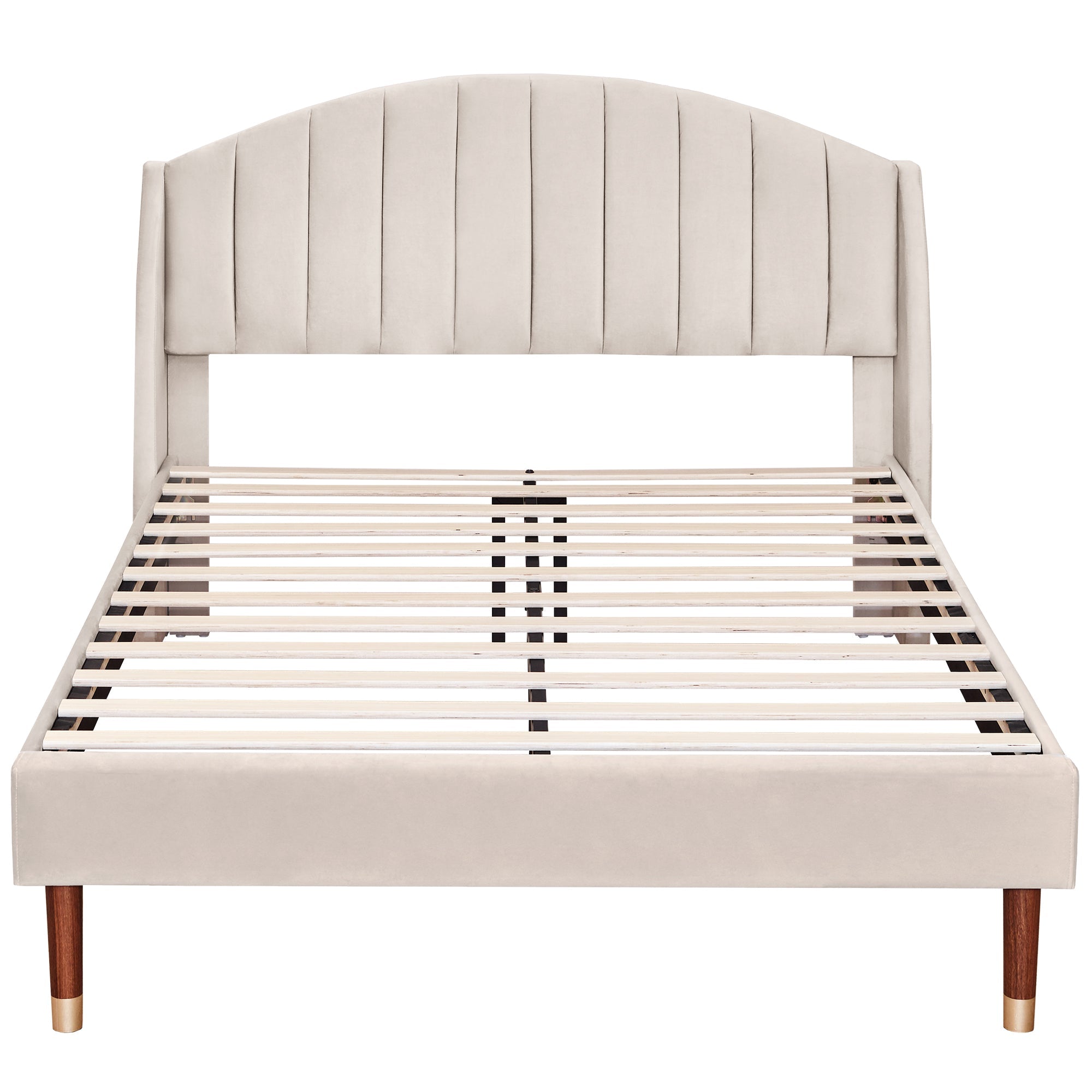 Upholstered Bed 140x200 Slatted Base Headboard - Velvet Beige