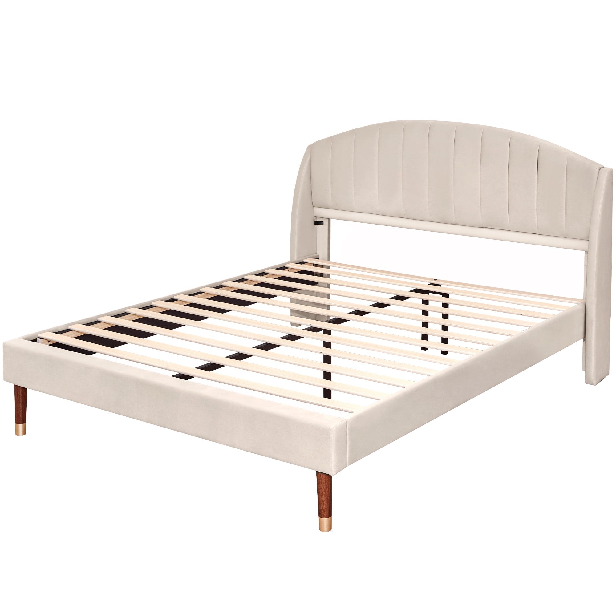 Upholstered Velvet Bed with Padded Headboard, Beige