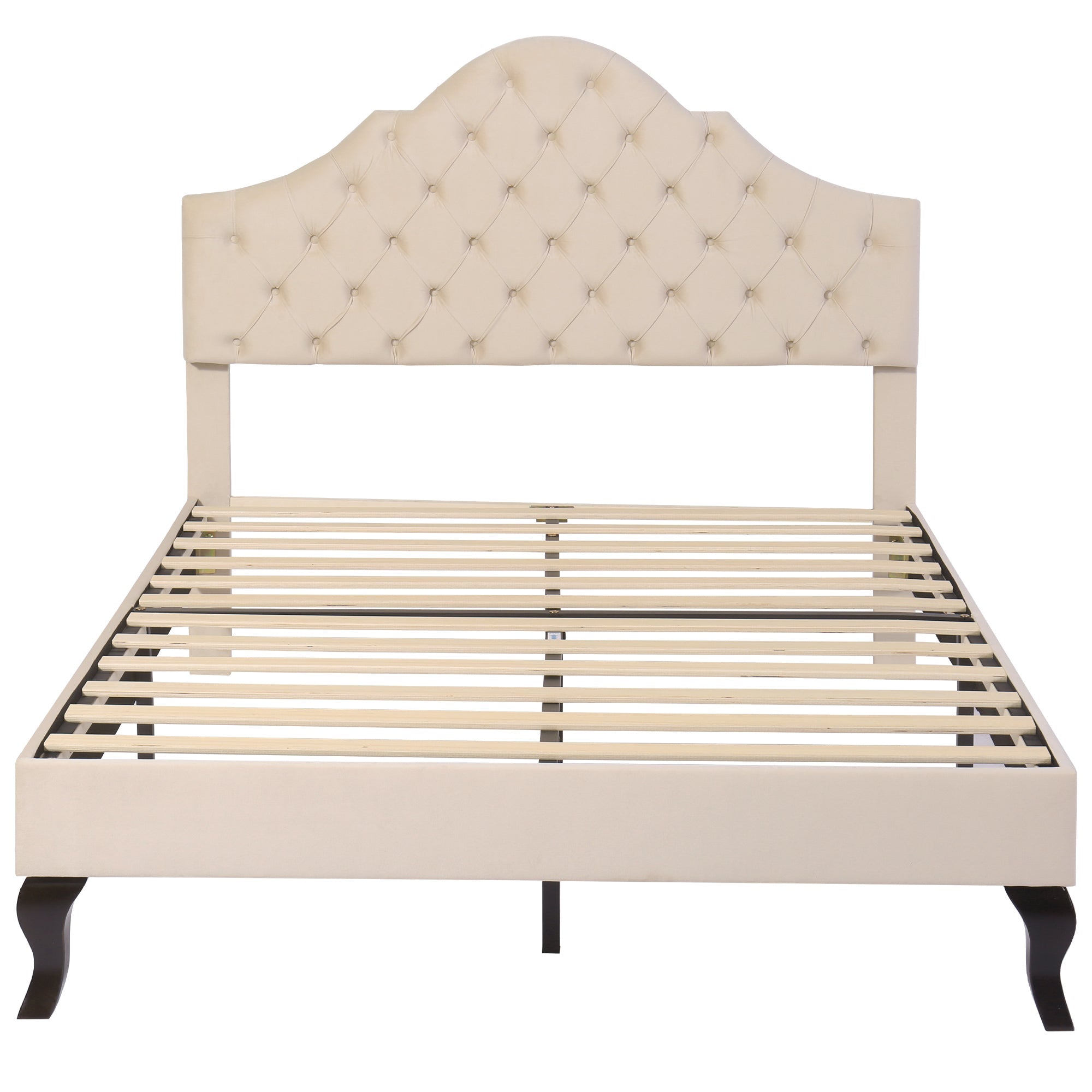 Upholstered Bed 140x190cm Height Adjustable Headboard Slatted Base Beige Velvet