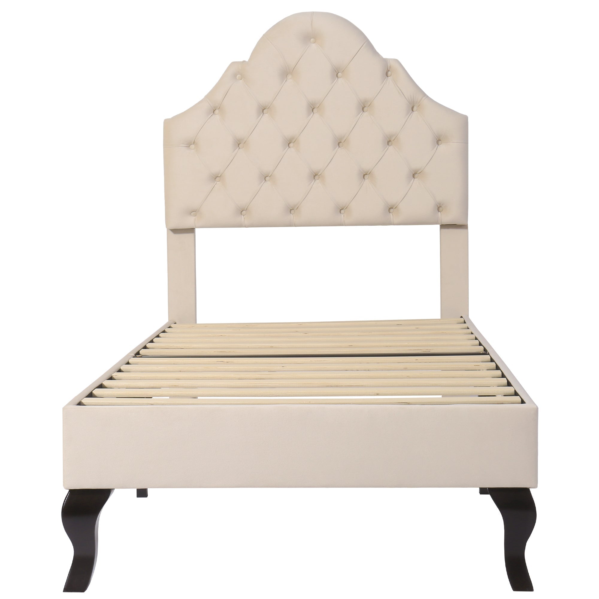 Upholstered Single Bed 90x200cm Adjustable Headboard Slatted Frame - Velvet Beige