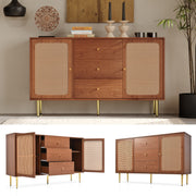 Rattan Sideboard Cabinet for Living Room, Chest of Drawers with 2 Doors and 3 Drawers, Adjustable Shelf, Walnut