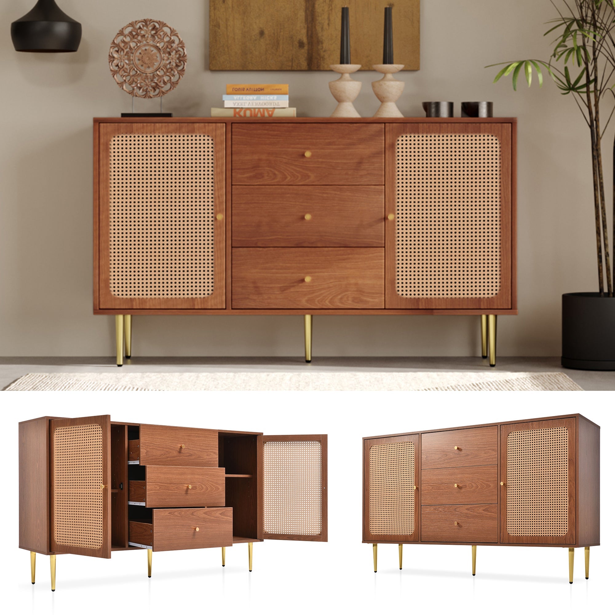 Rattan Sideboard Cabinet for Living Room, Chest of Drawers with 2 Doors and 3 Drawers, Adjustable Shelf, Walnut