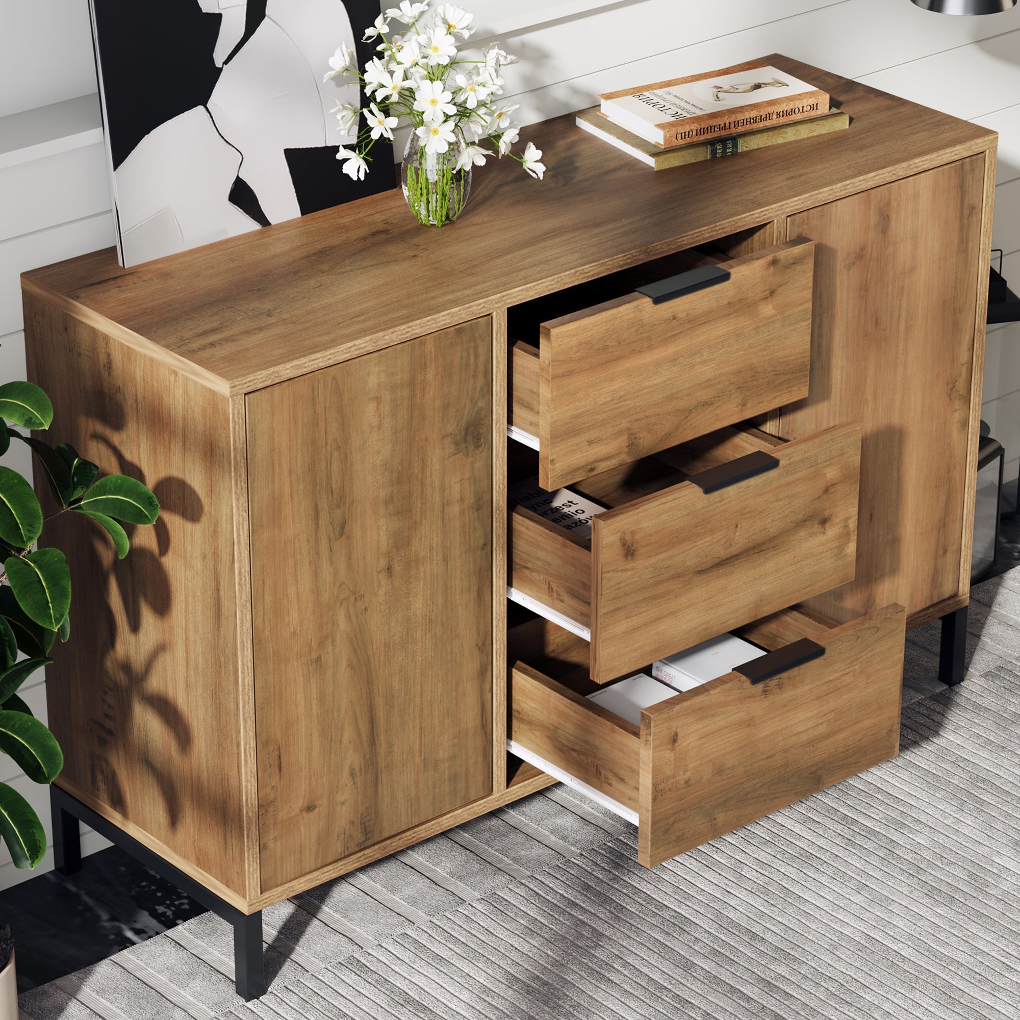Sideboard Cabinet for Living Room, Chest of Drawers with 2 Doors and 3 Drawers, Adjustable Shelf, Dark Oak