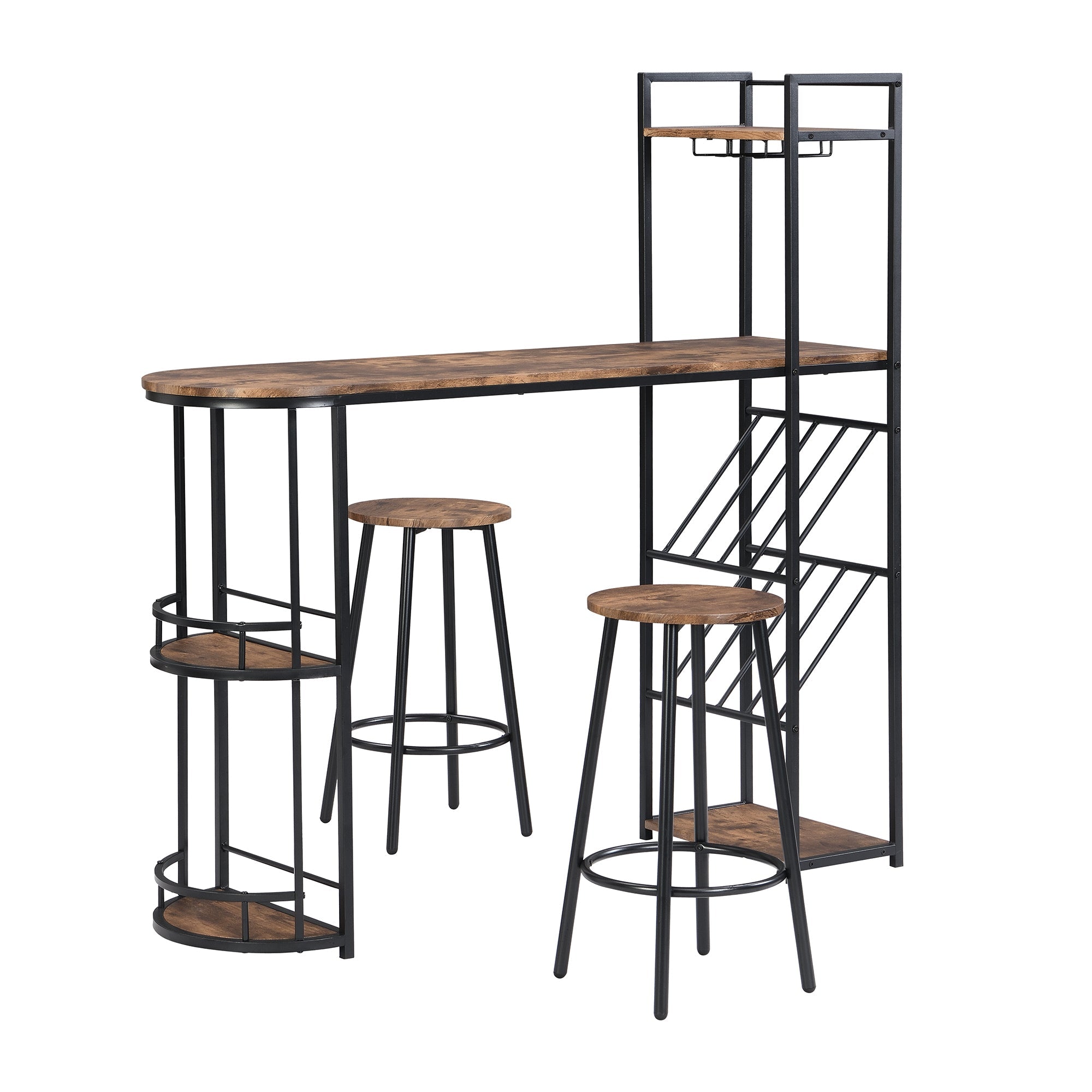 Industrial Bar Table Set: 2 Chairs, Counter Height, Wine Rack, Side Storage (Rustic Brown)
