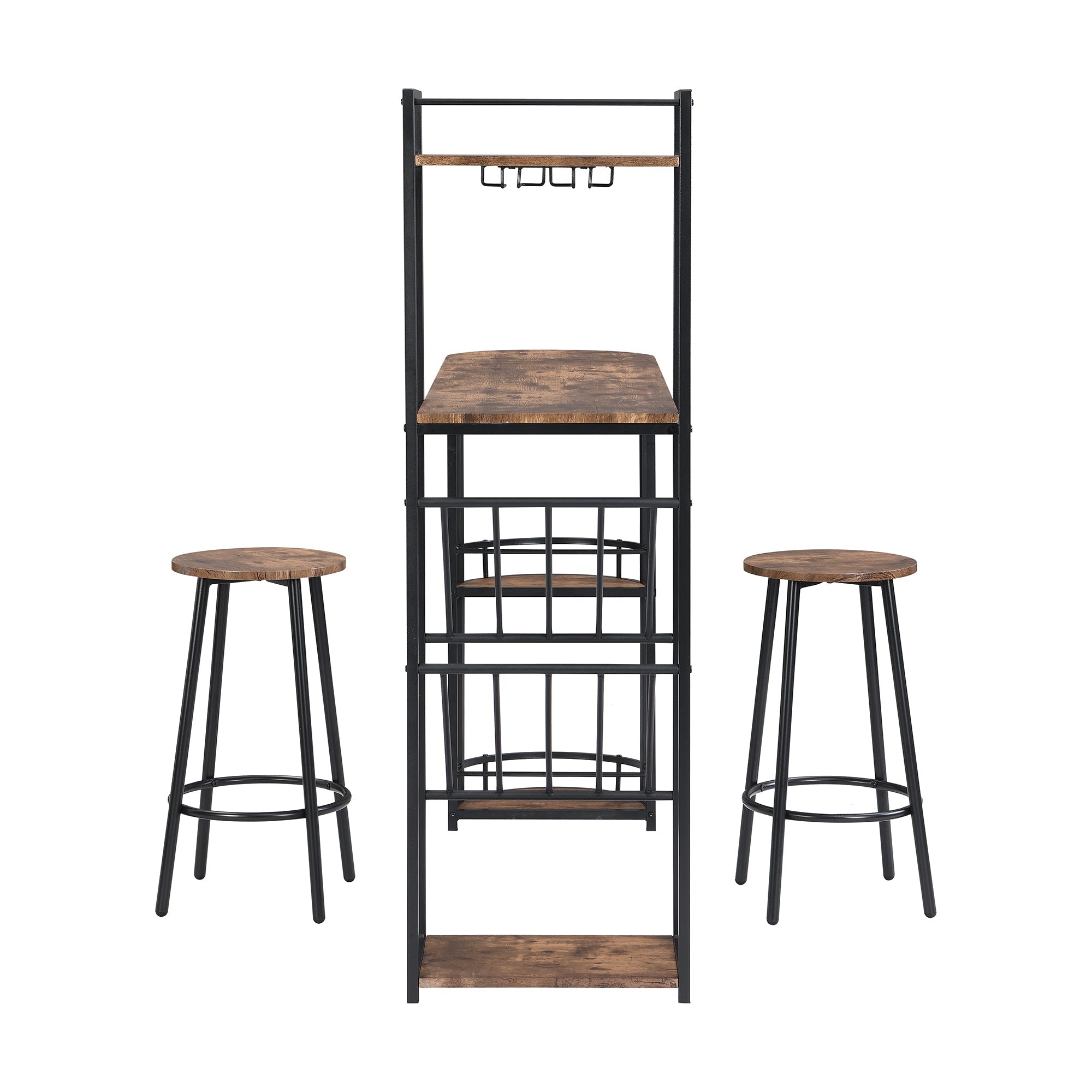 Industrial Bar Table Set: 2 Chairs, Counter Height, Wine Rack, Side Storage (Rustic Brown)