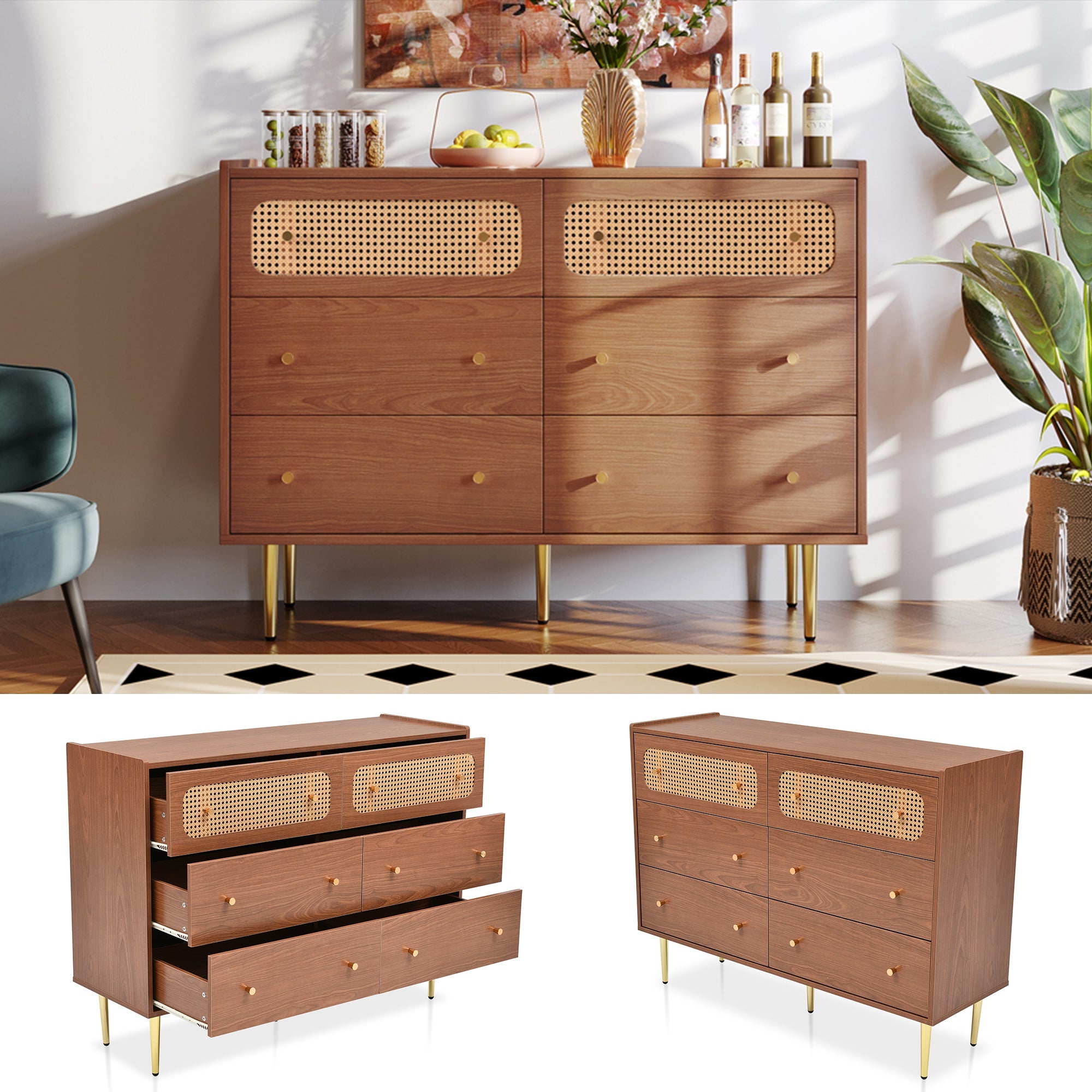 Rattan Sideboard Cabinet with 6 Drawers for Living Room, Walnut