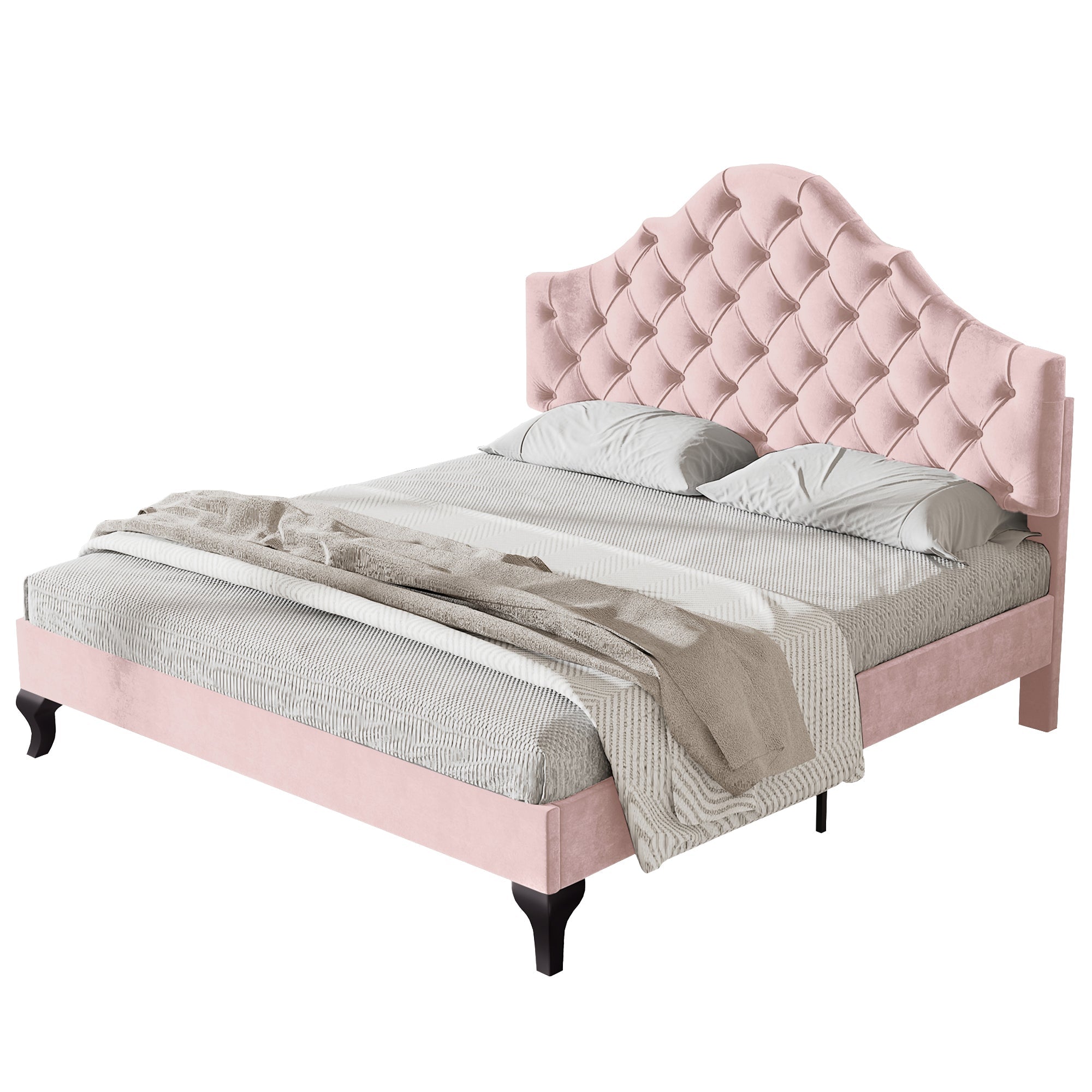 Upholstered Bed 140x200cm Adjustable Headboard Slatted Base - Velvet Pink