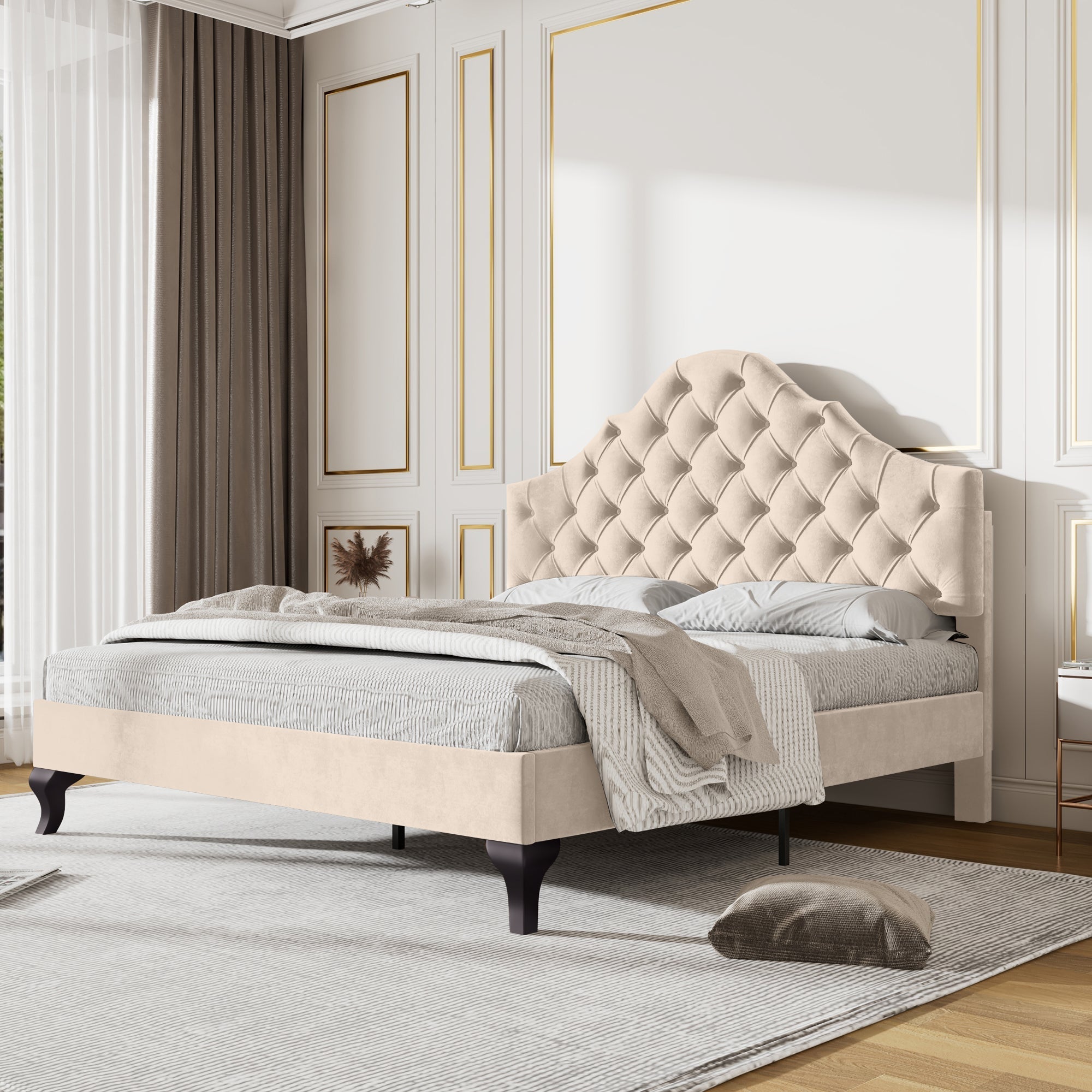 Upholstered Bed 140x190cm Height Adjustable Headboard Slatted Base Beige Velvet