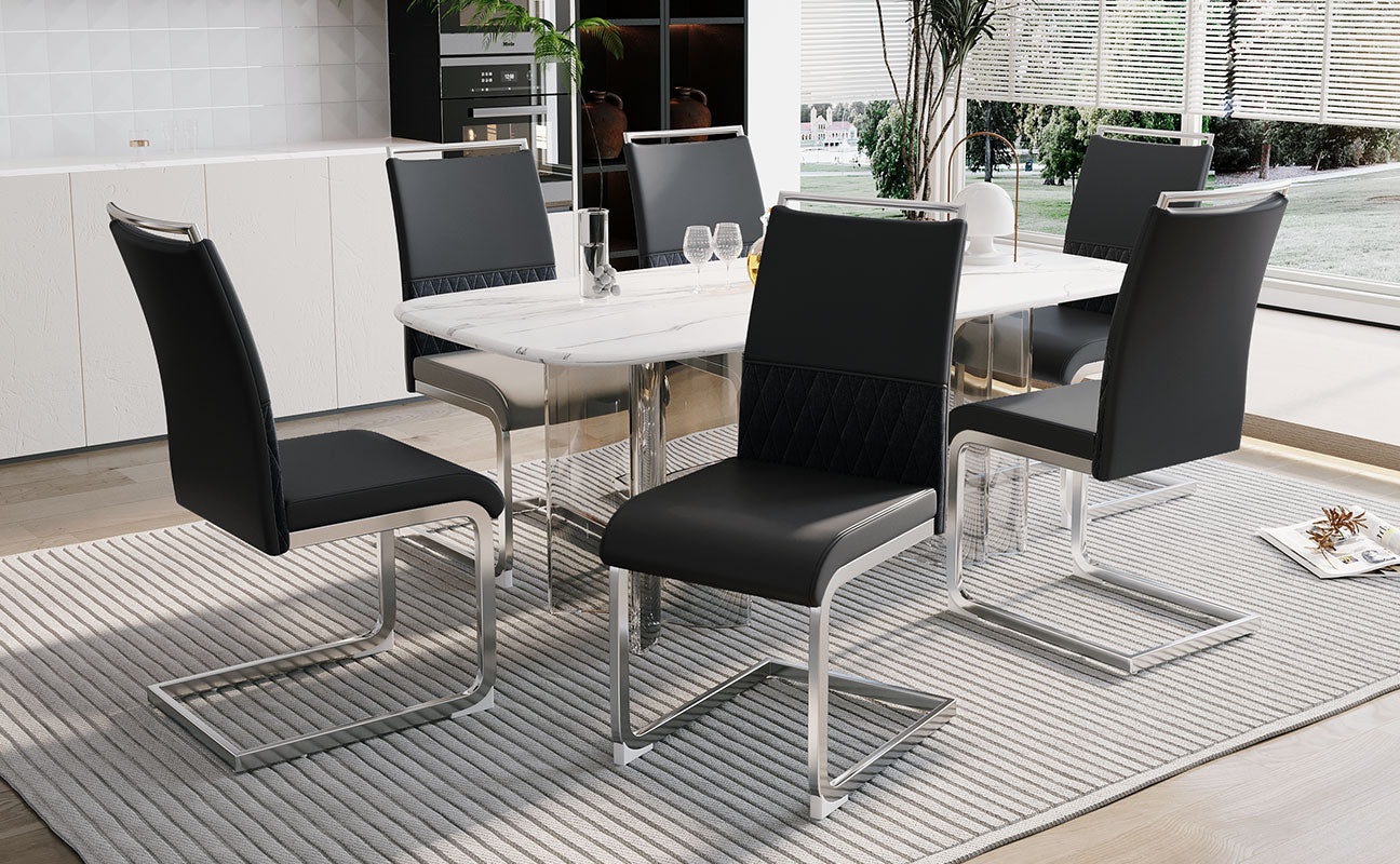 Modern Dining Chairs Set of 6 High Back Upholstered Side Chair Black PU Faux Leather & Linen