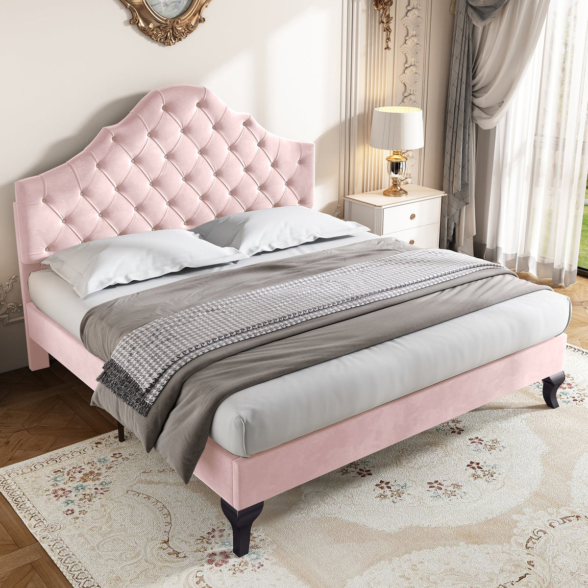 Upholstered Bed 140x200cm Adjustable Headboard Slatted Base - Velvet Pink