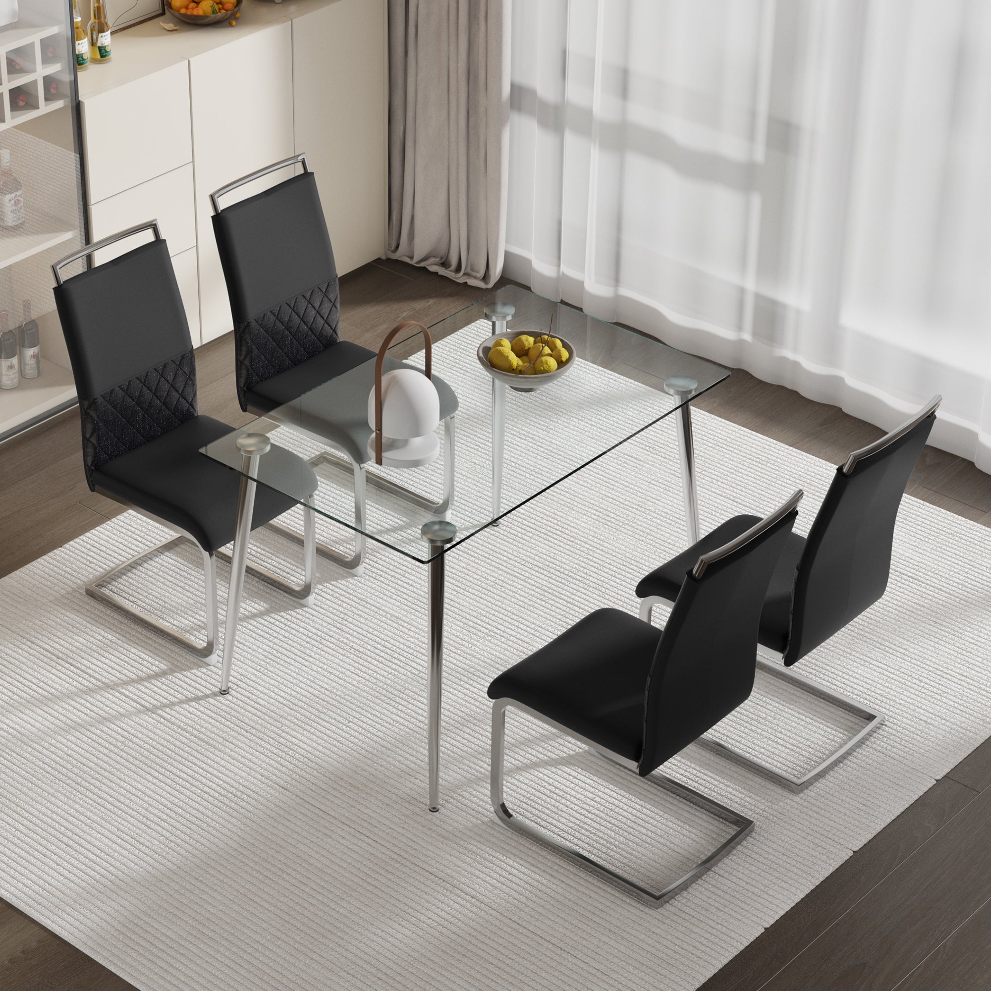 Modern Dining Chairs Set of 4, High-Backed Upholstered Side Chair with Horizontal Stripe Backrest, Black PU Leather and Linen