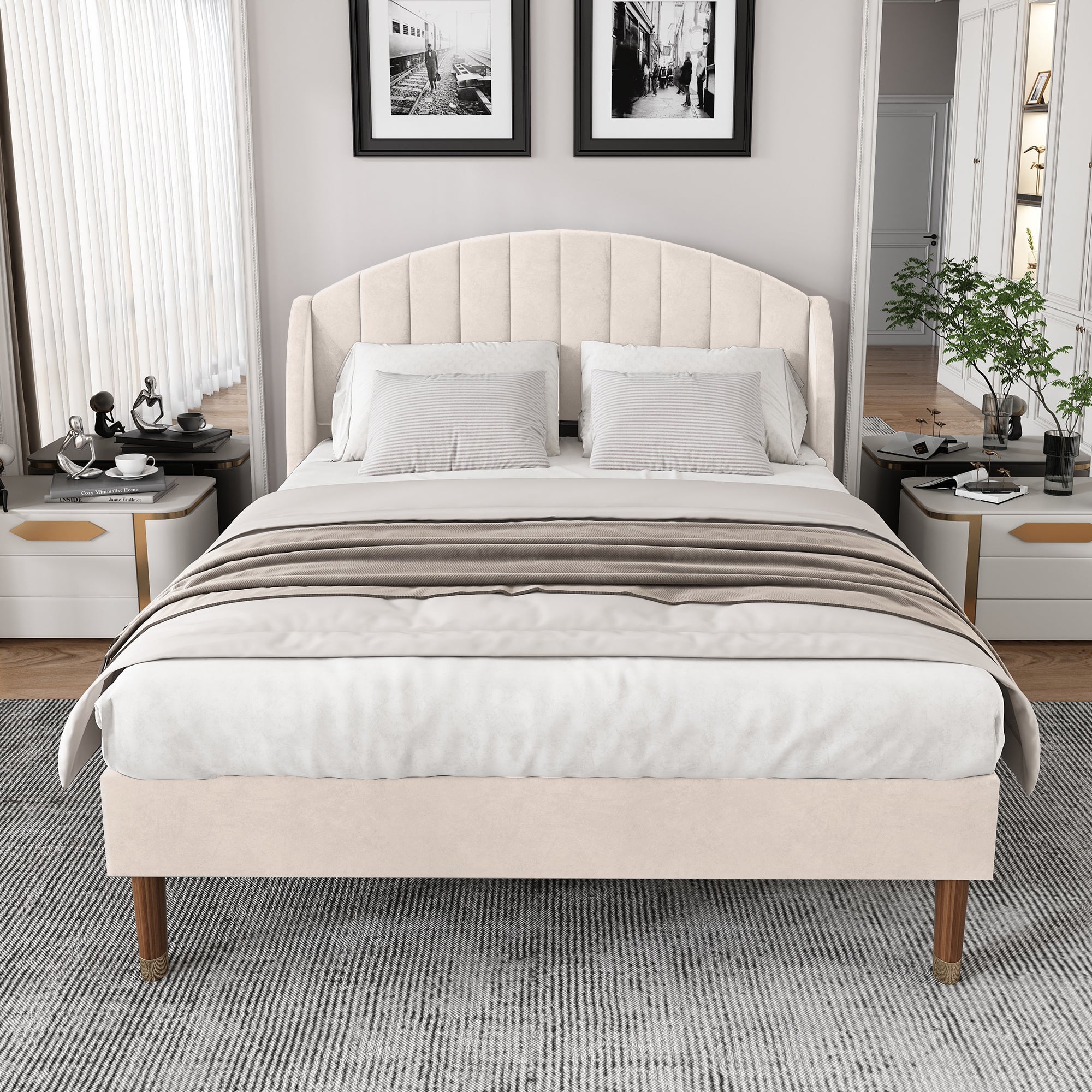 Upholstered Bed 160x200 Slatted Base Headboard - Velvet Beige