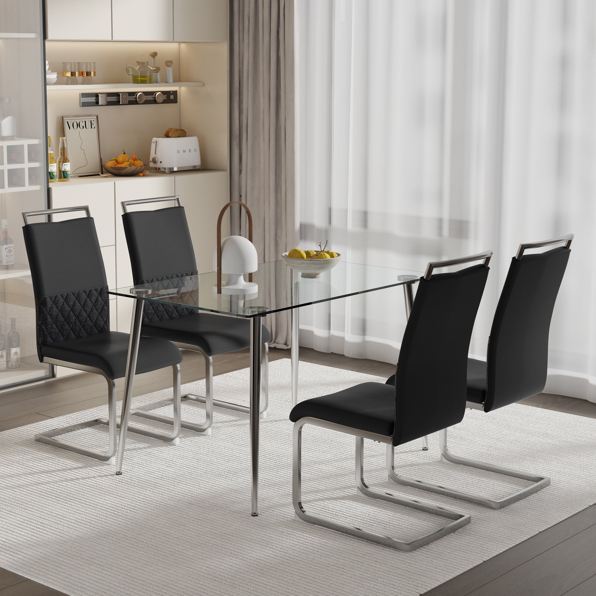 Modern Dining Chairs Set of 4, High-Backed Upholstered Side Chair with Horizontal Stripe Backrest, Black PU Leather and Linen
