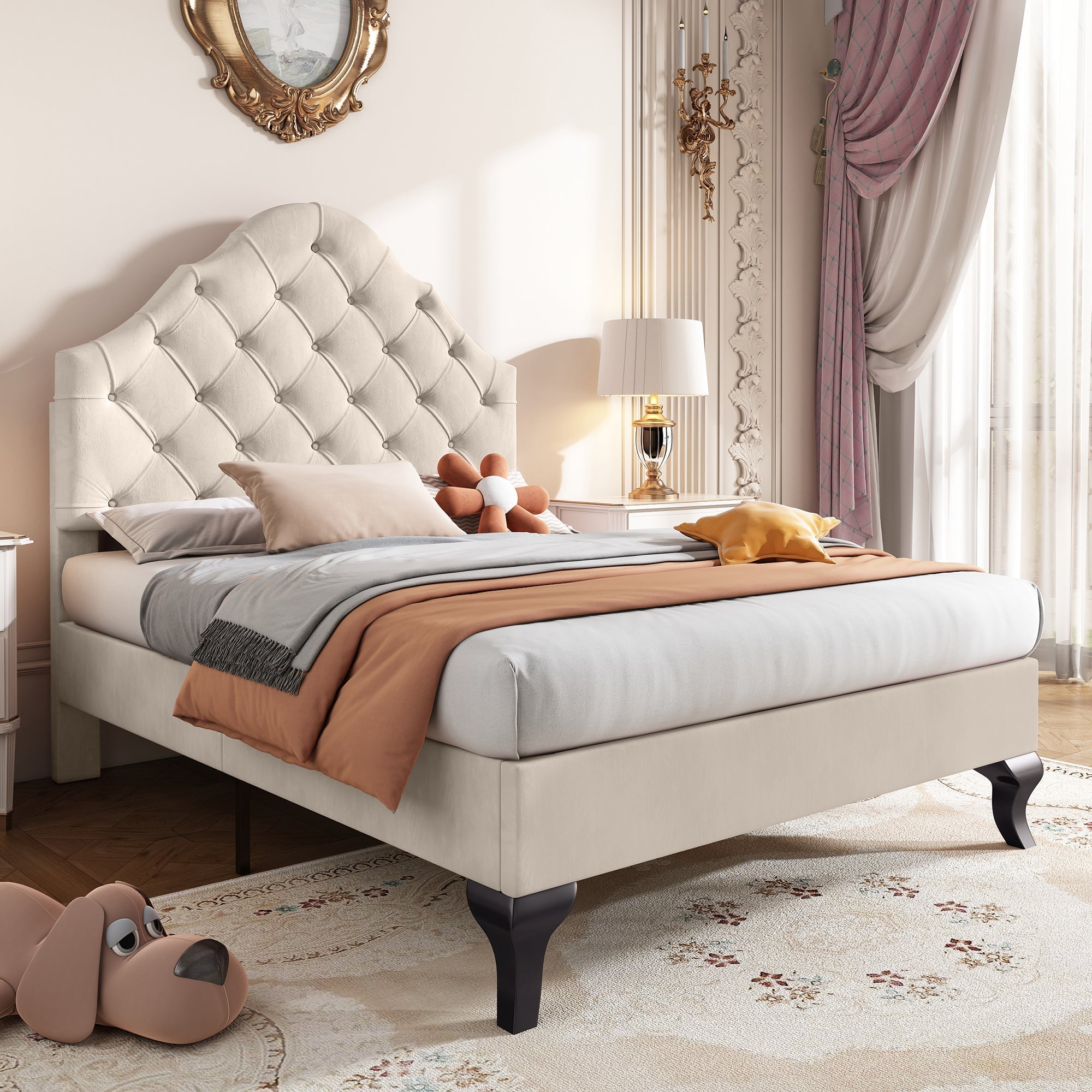 Upholstered Single Bed 90x200cm Adjustable Headboard Slatted Frame - Velvet Beige