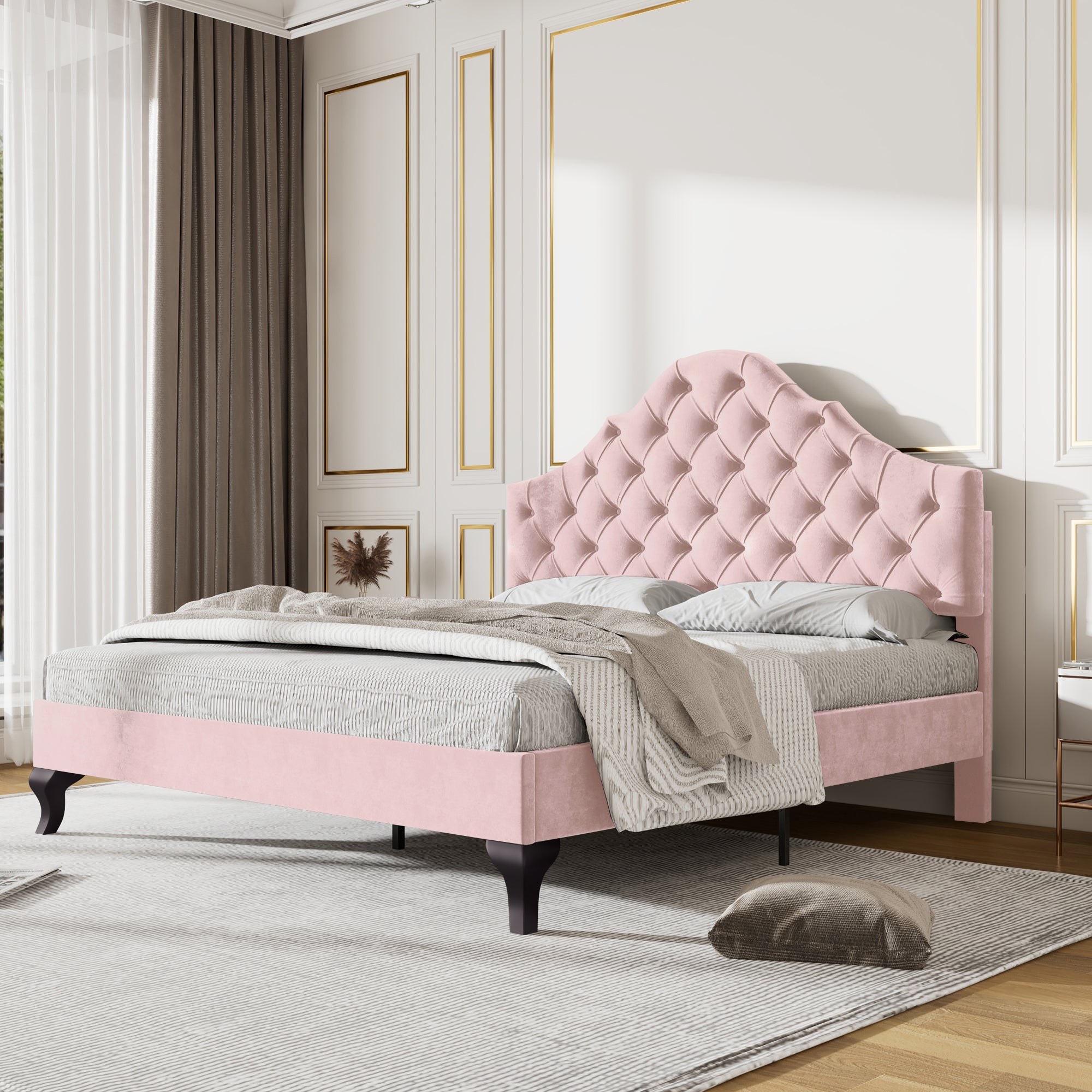 Upholstered Bed 140x200cm Adjustable Headboard Slatted Base - Velvet Pink
