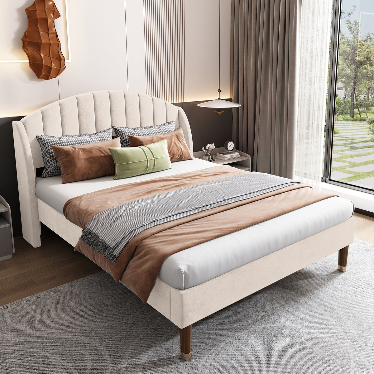 Upholstered Bed 140x200 Slatted Base Headboard - Velvet Beige