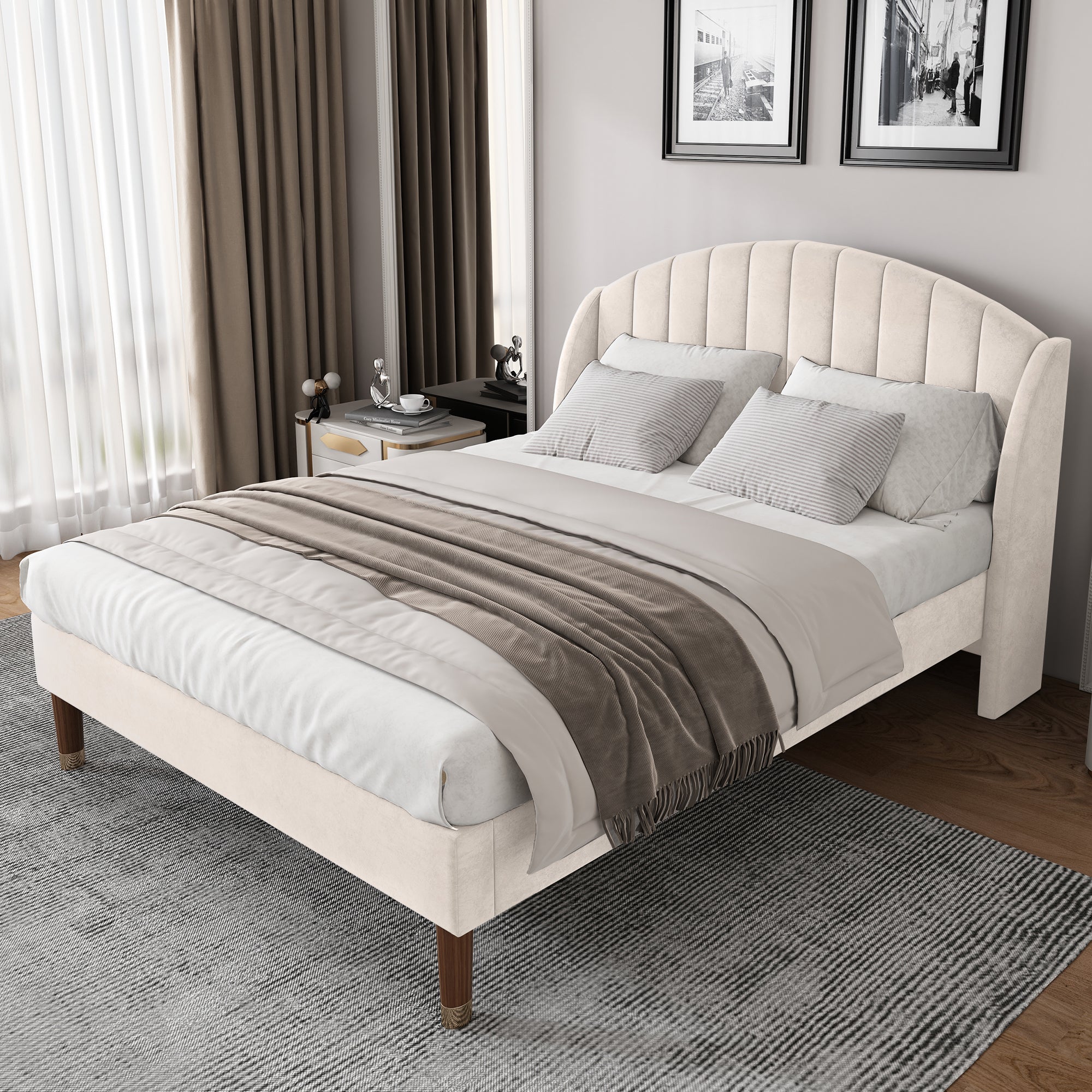 Upholstered Bed 160x200 Slatted Base Headboard - Velvet Beige
