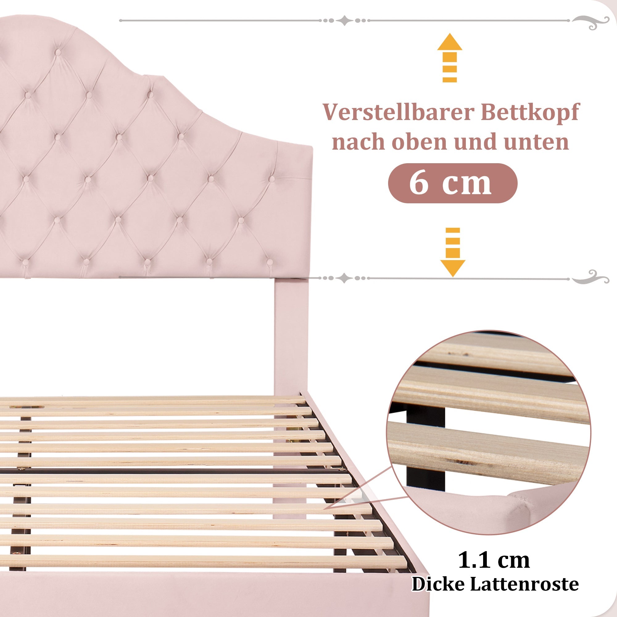 Upholstered Bed 140x200cm Adjustable Headboard Slatted Base - Velvet Pink