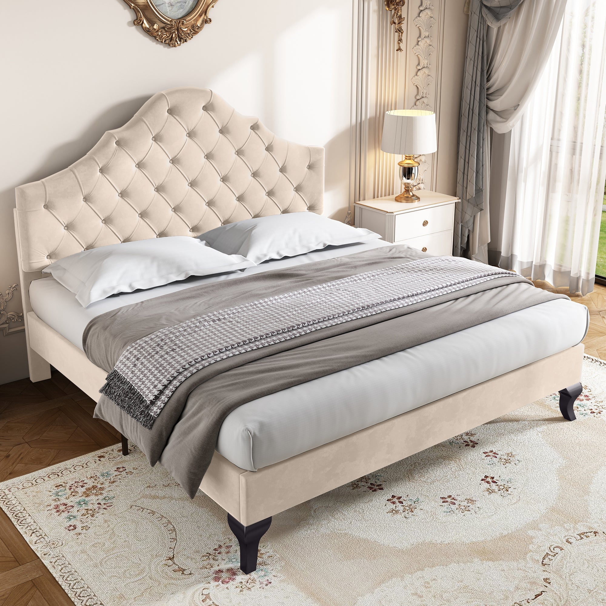 Upholstered Bed 140x190cm Height Adjustable Headboard Slatted Base Beige Velvet