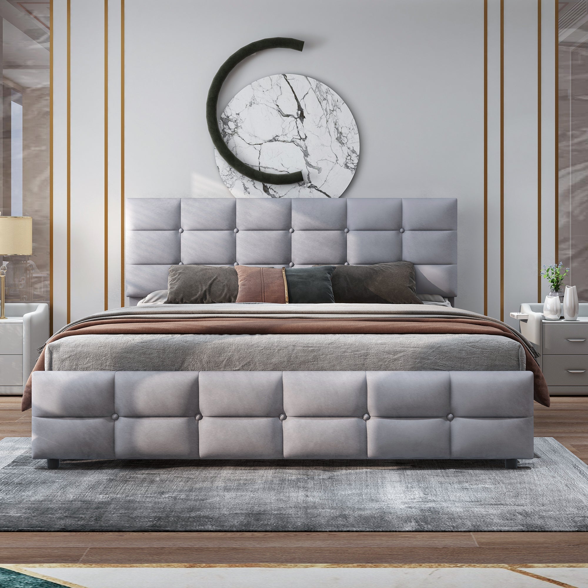 Upholstered Bed, 180x200cm Double with 4 Drawers & Slatted Frame, Grey Velvet