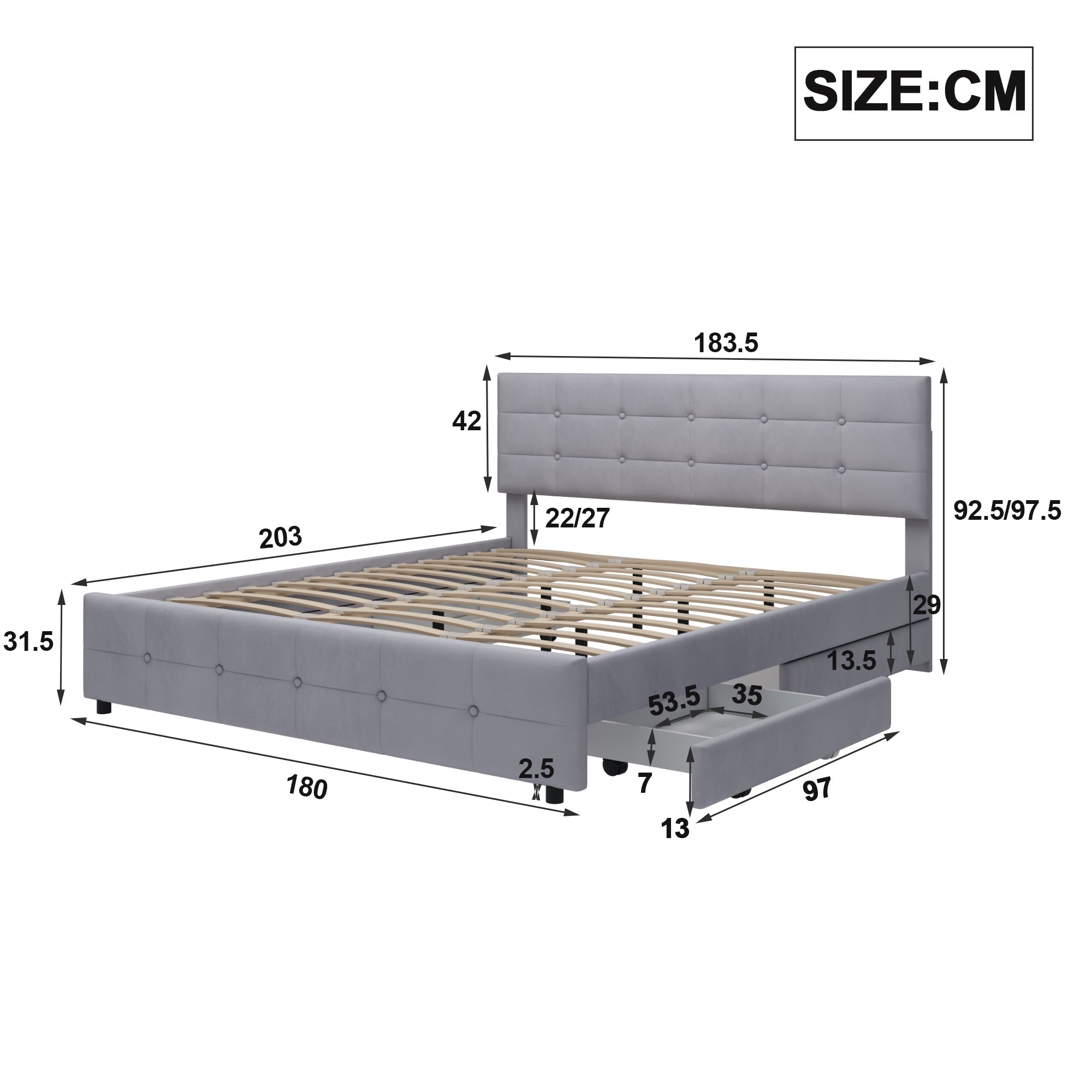 Upholstered Bed, 180x200cm Double with 4 Drawers & Slatted Frame, Grey Velvet