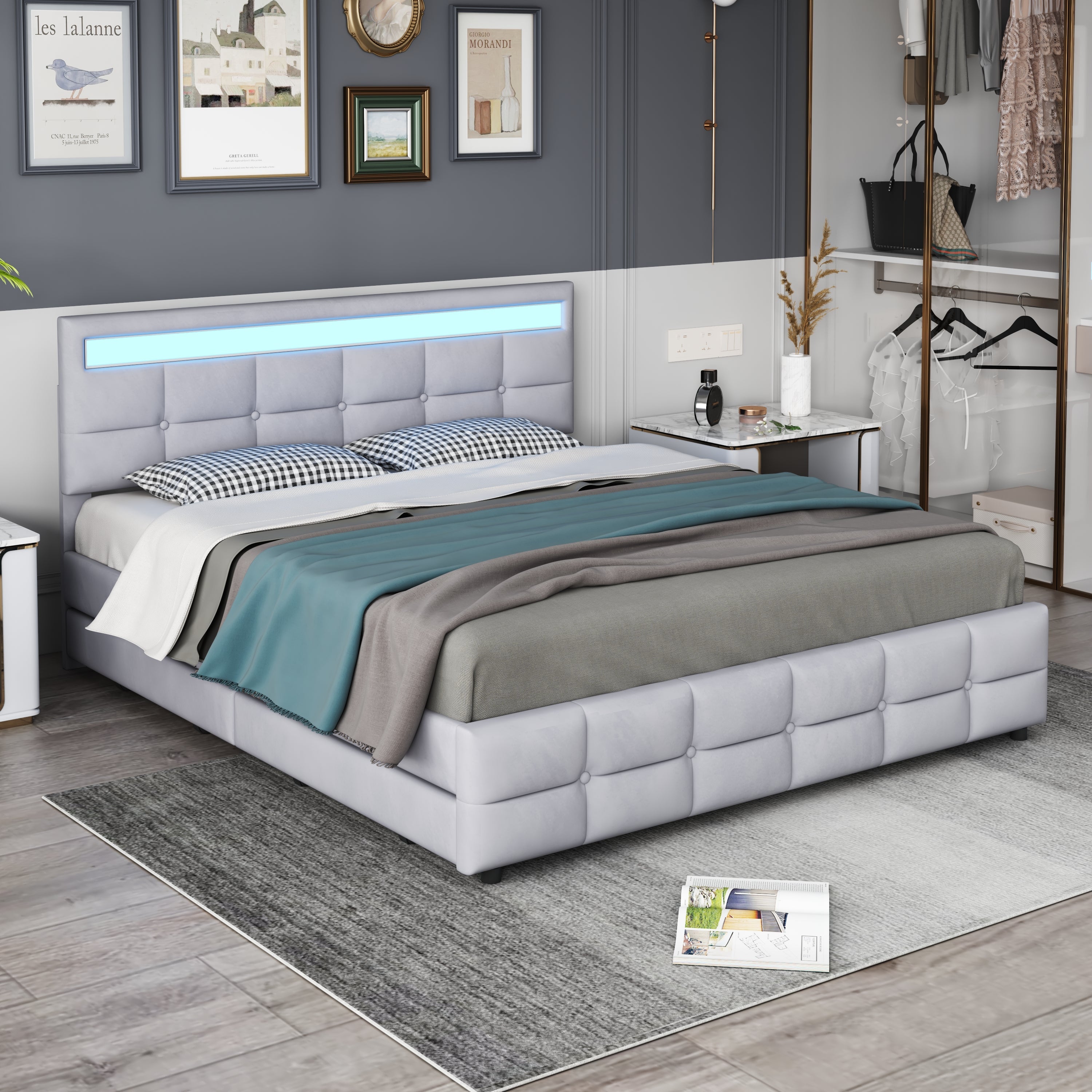 Upholstered Bed 180x200cm LED Frame 4 Drawers, Velvet Grey