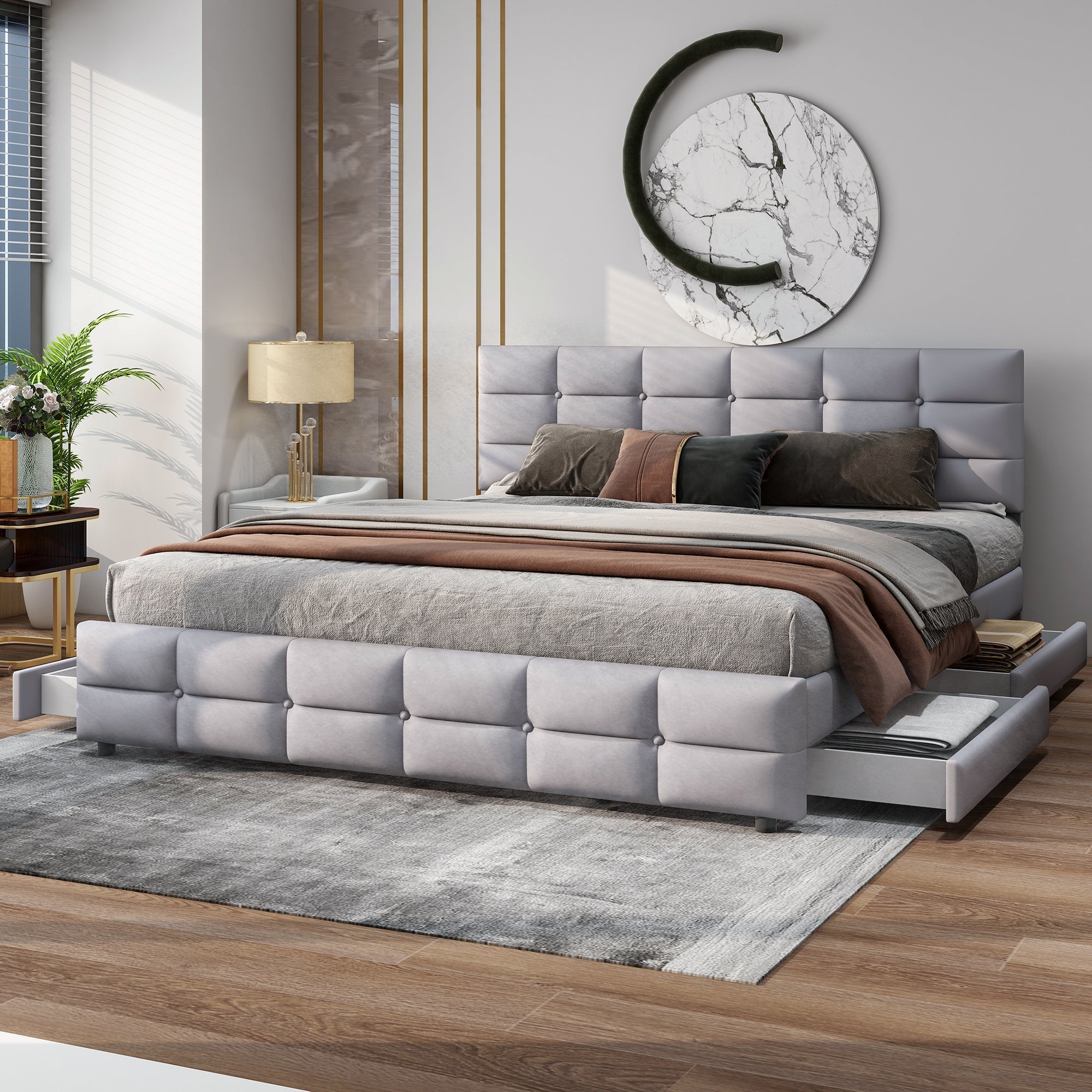 Upholstered Bed, 180x200cm Double with 4 Drawers & Slatted Frame, Grey Velvet