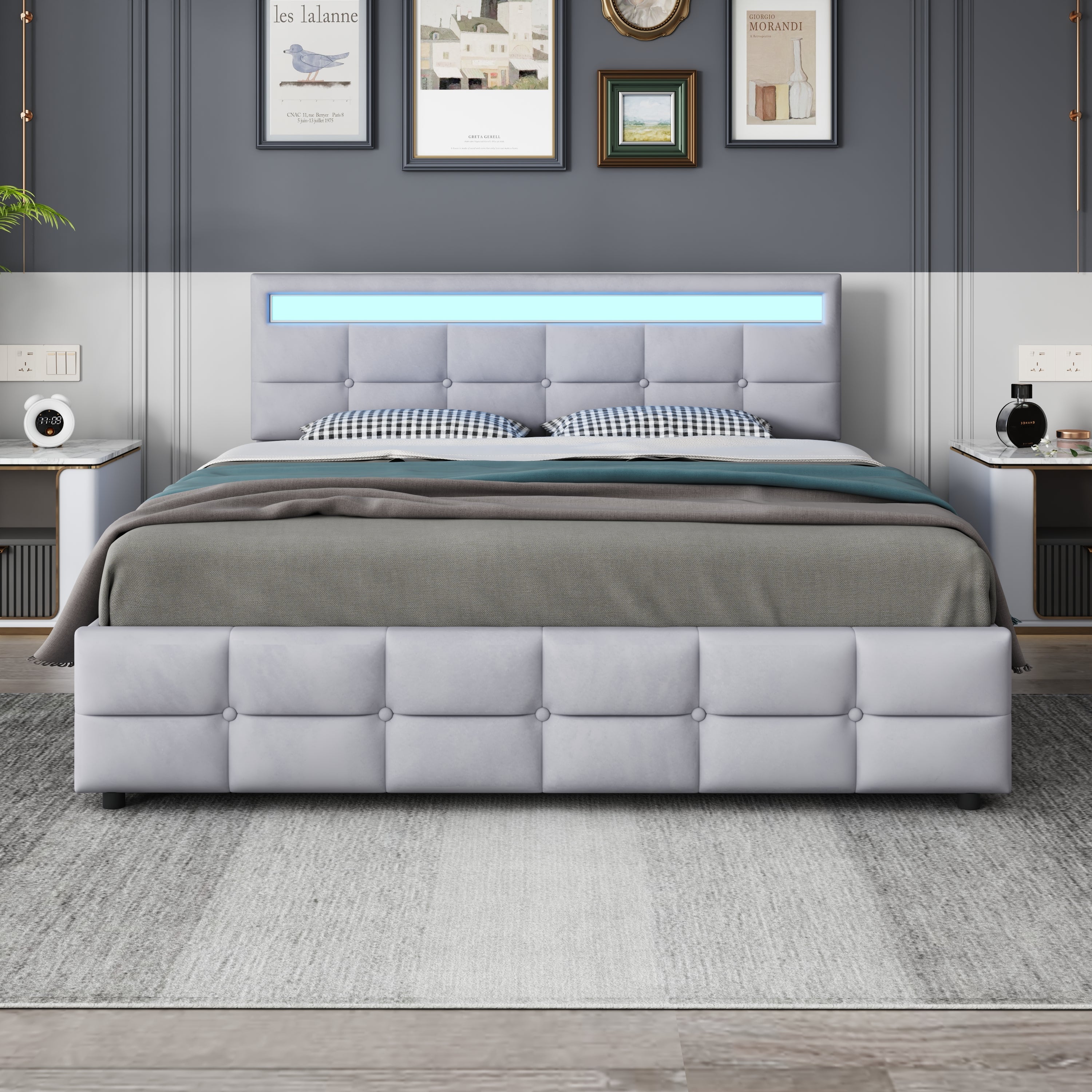 Upholstered Bed 180x200cm LED Frame 4 Drawers, Velvet Grey