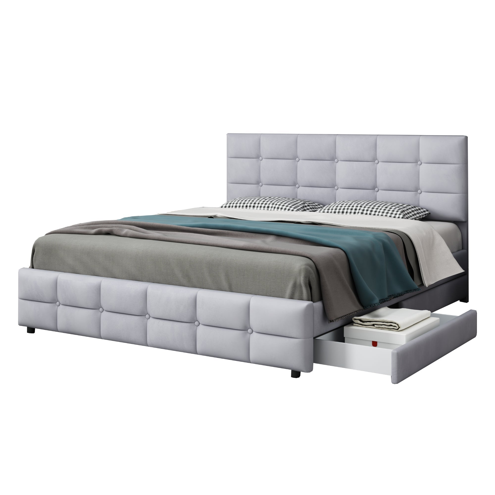 Upholstered Bed, 180x200cm Double with 4 Drawers & Slatted Frame, Grey Velvet