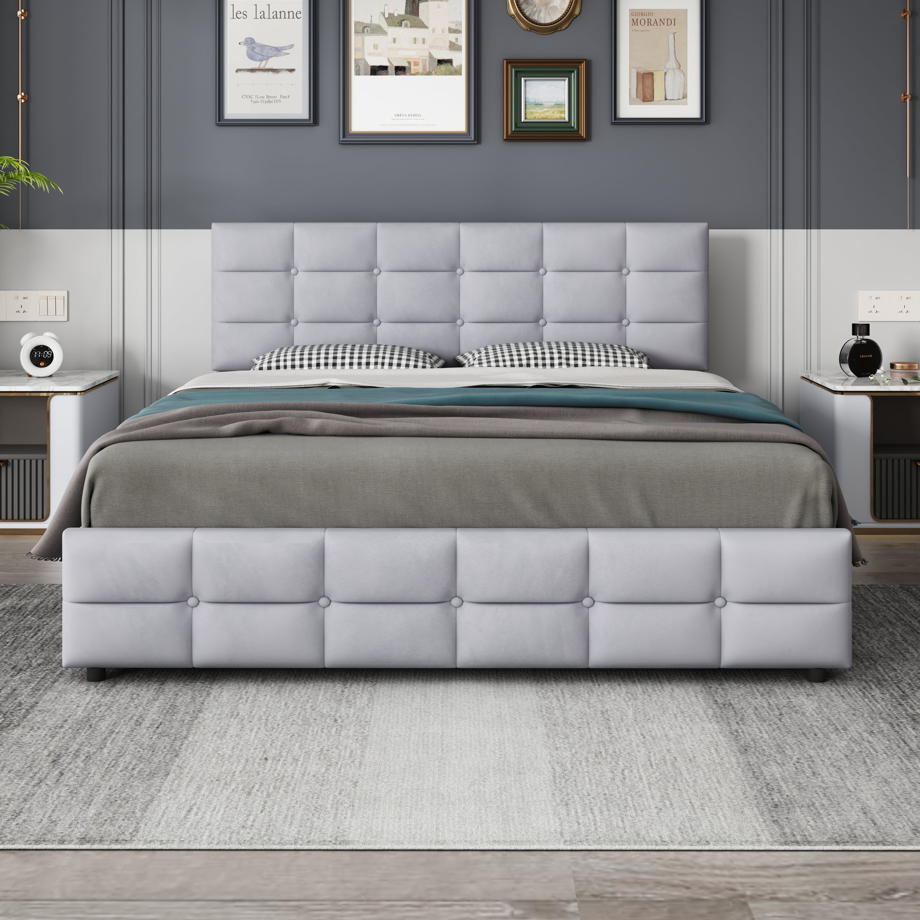 Upholstered Bed, 180x200cm Double with 4 Drawers & Slatted Frame, Grey Velvet