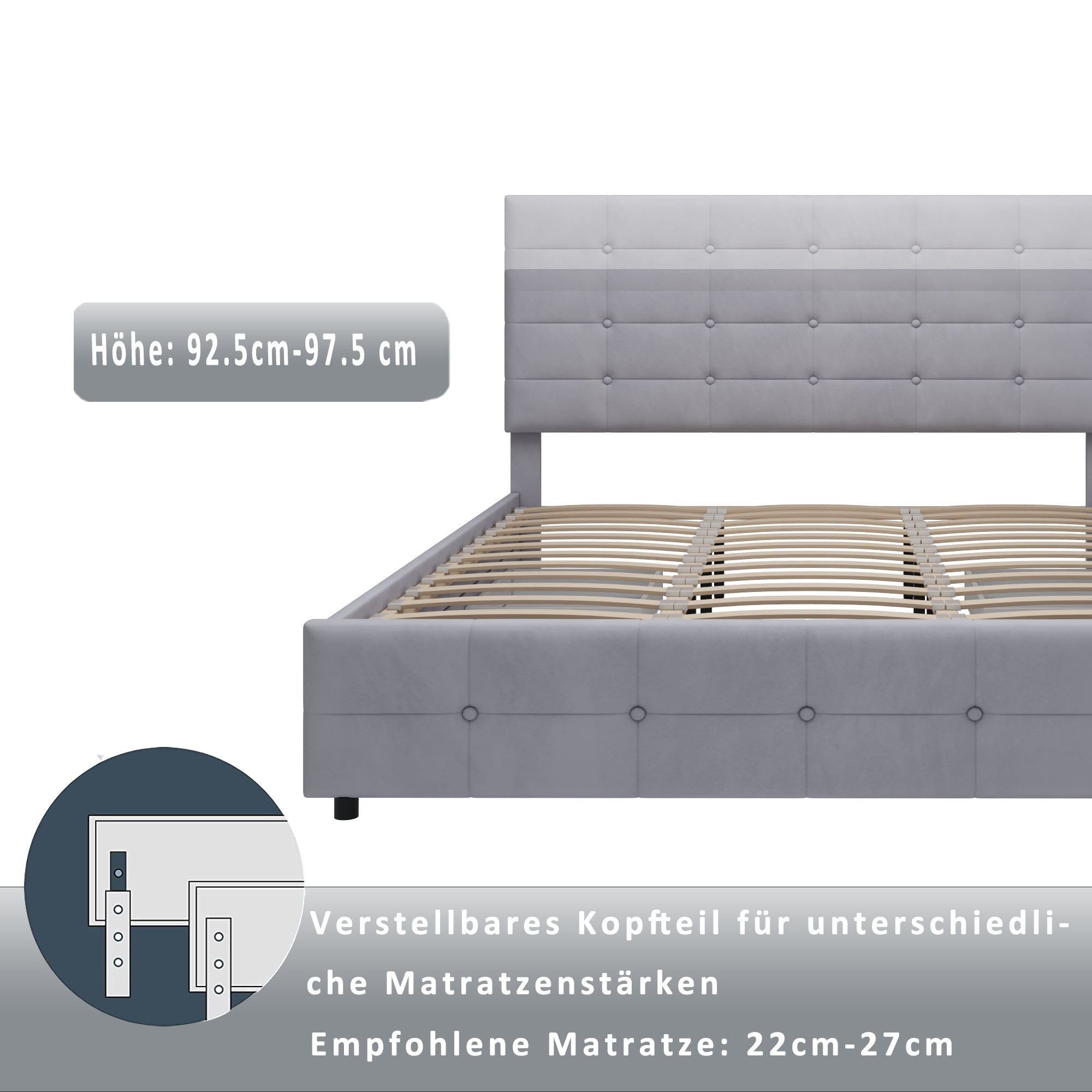 Upholstered Bed, 180x200cm Double with 4 Drawers & Slatted Frame, Grey Velvet