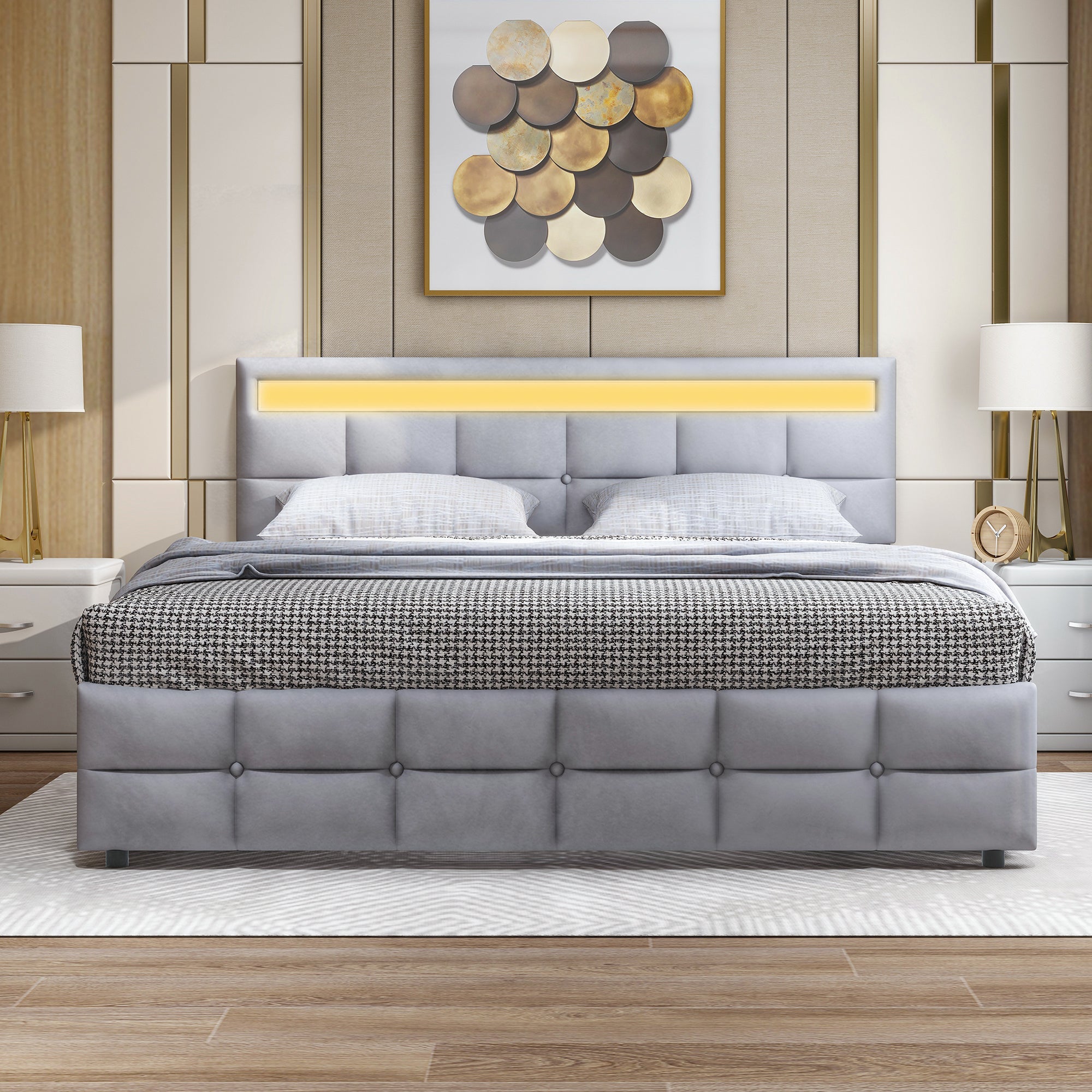 Upholstered Bed 180x200cm LED Frame 4 Drawers, Velvet Grey