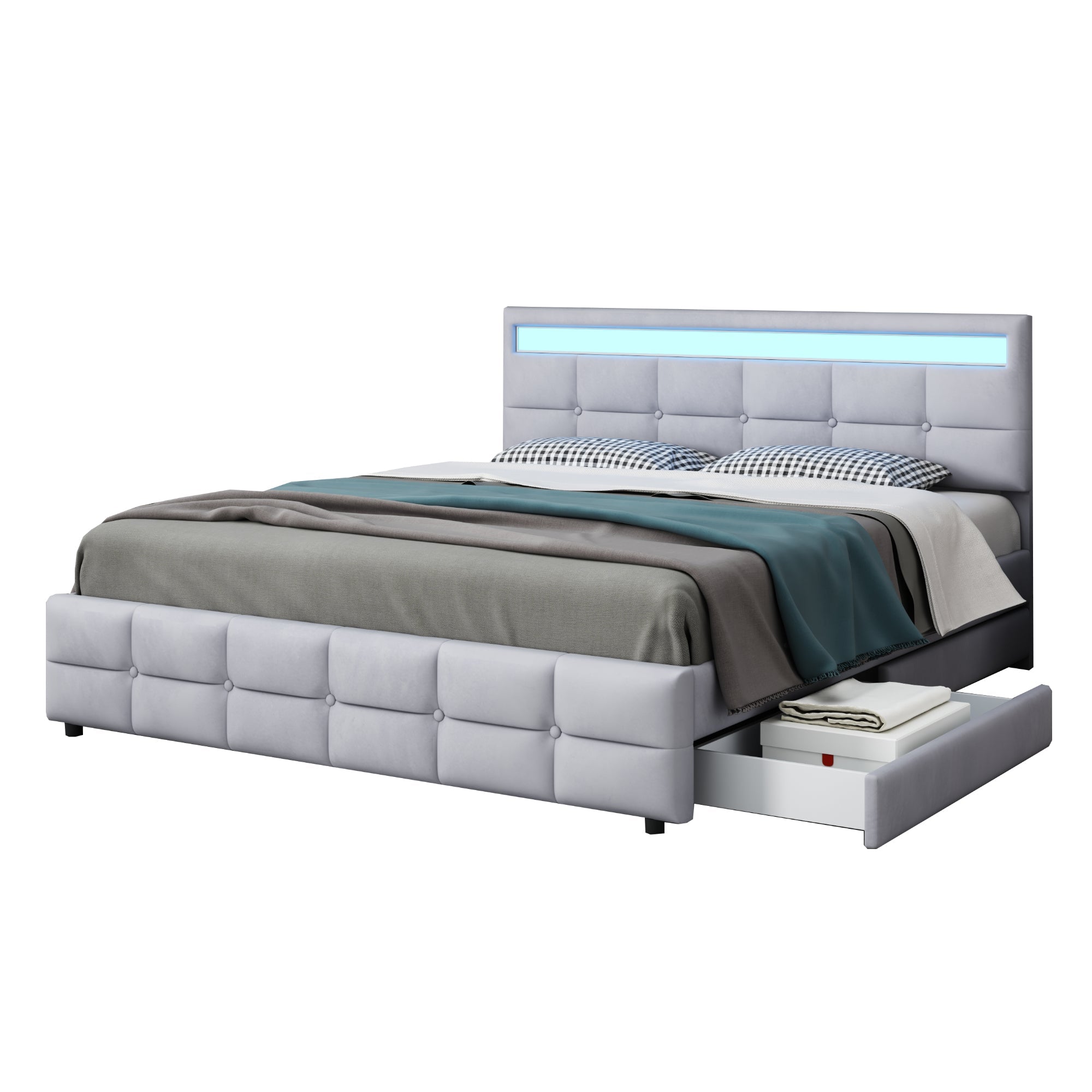 Upholstered Bed 180x200cm LED Frame 4 Drawers, Velvet Grey